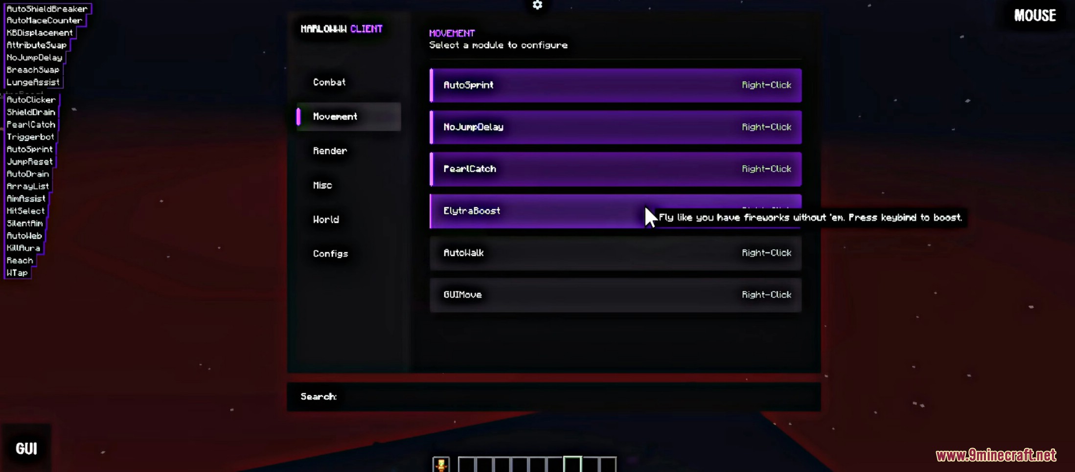 Adjusting ElytraBoost settings in the movement menu