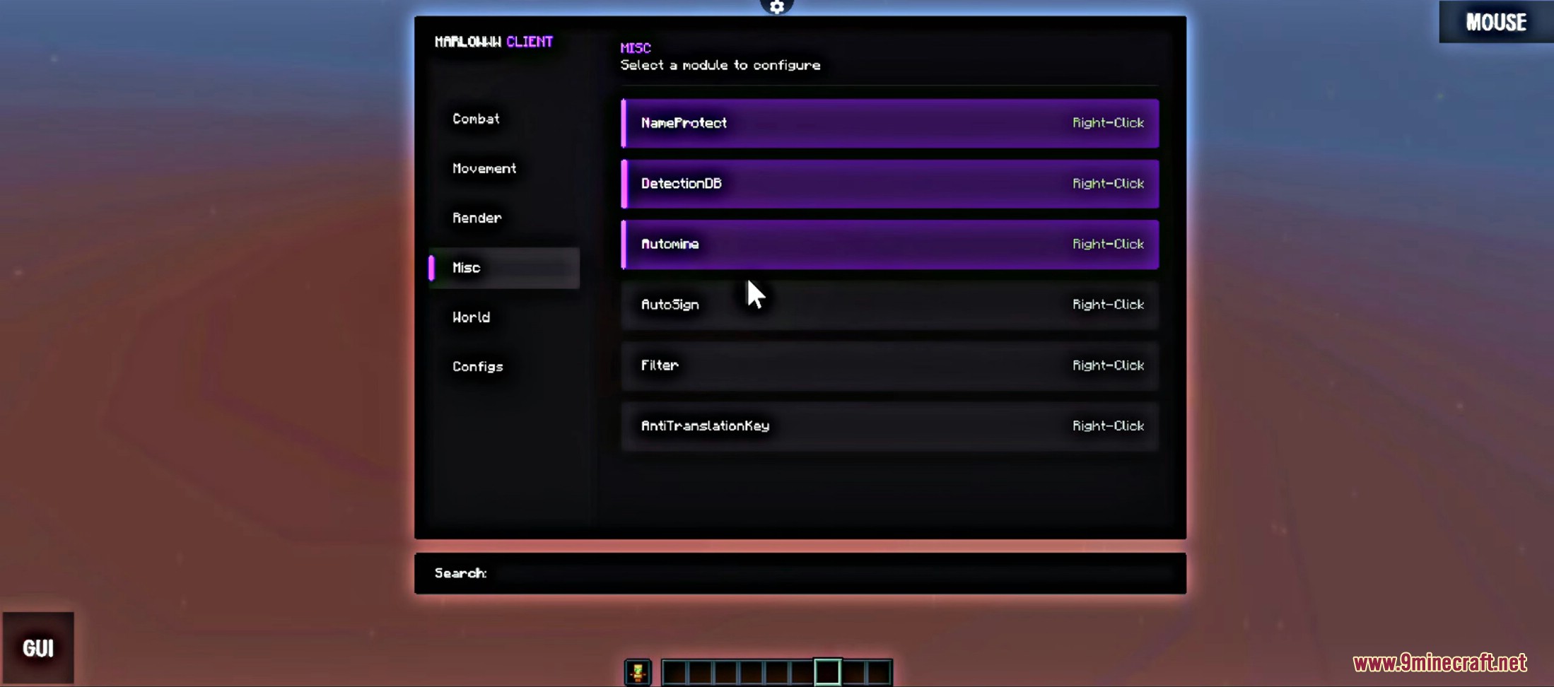 Miscellaneous settings menu with Automine and NameProtect options