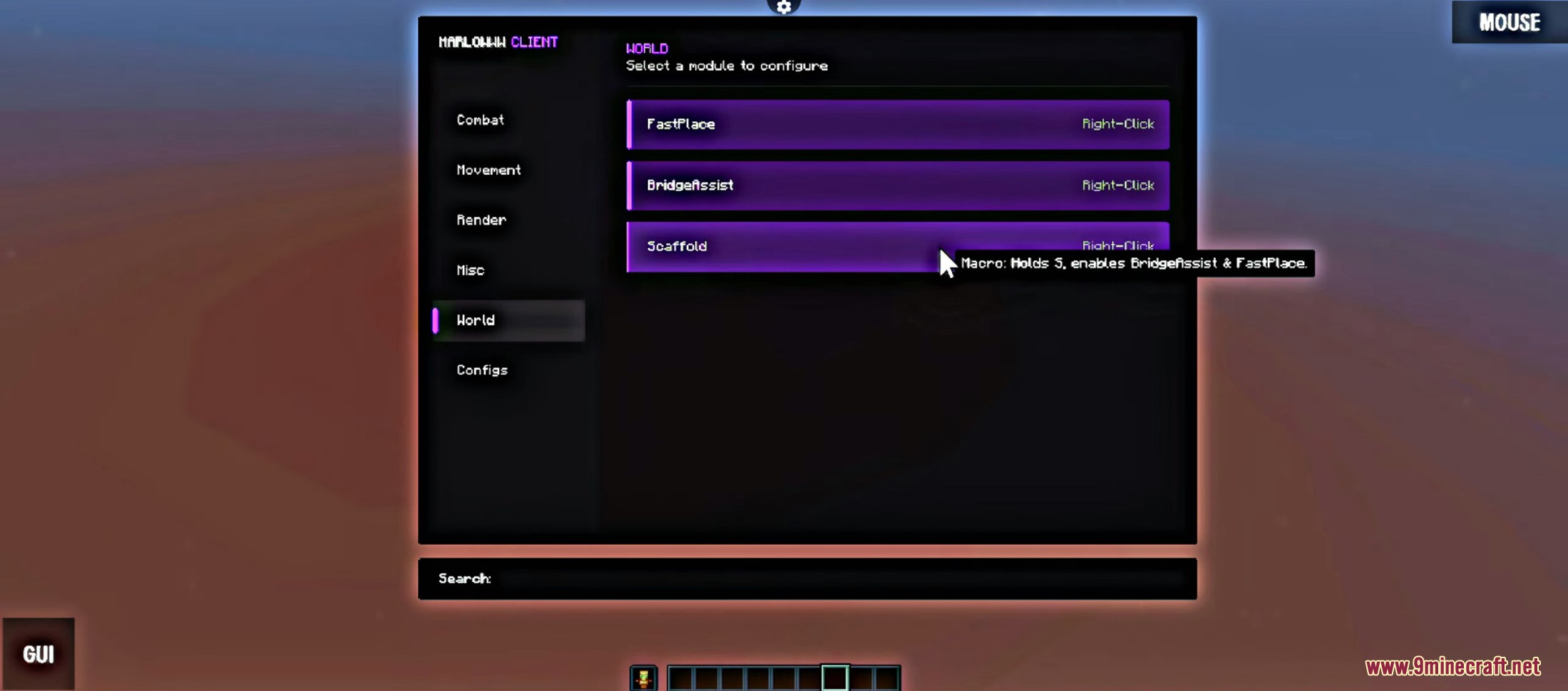 World settings menu showing Scaffold and BridgeAssist modules