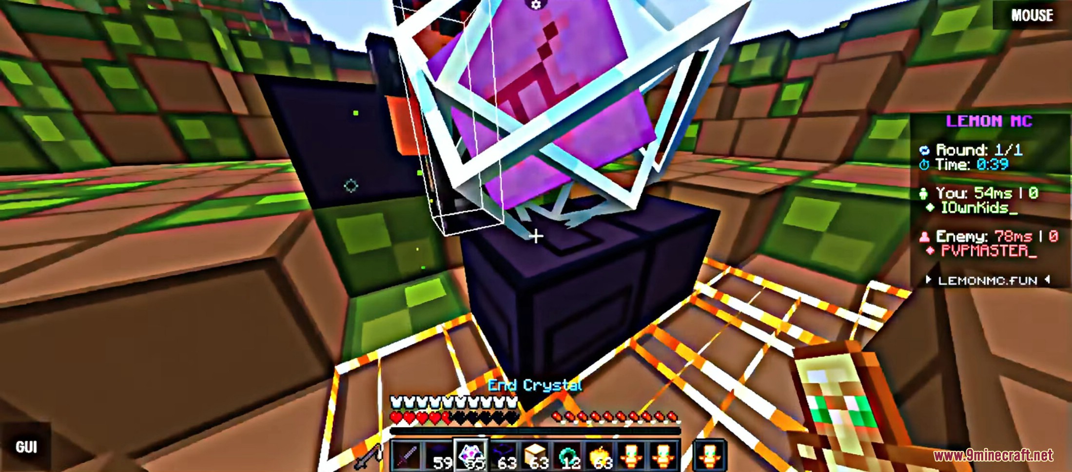 A player prepares to use an End Crystal in combat