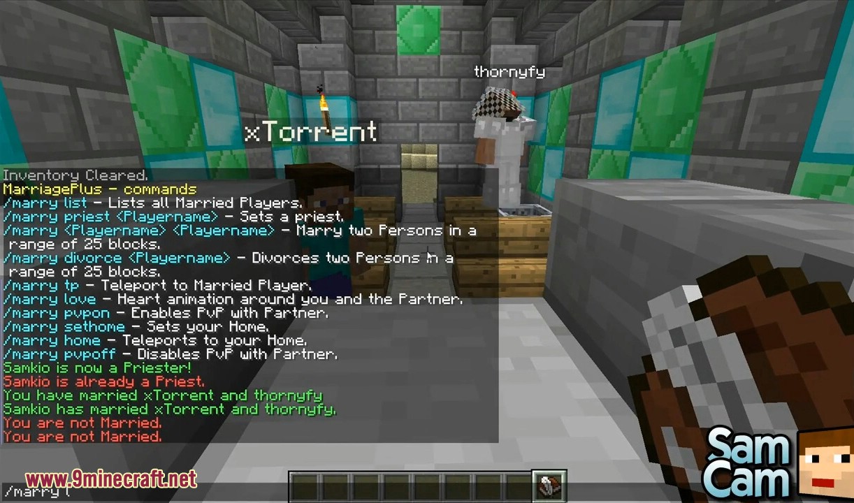 Chat shows MarriagePlus commands for marrying other players