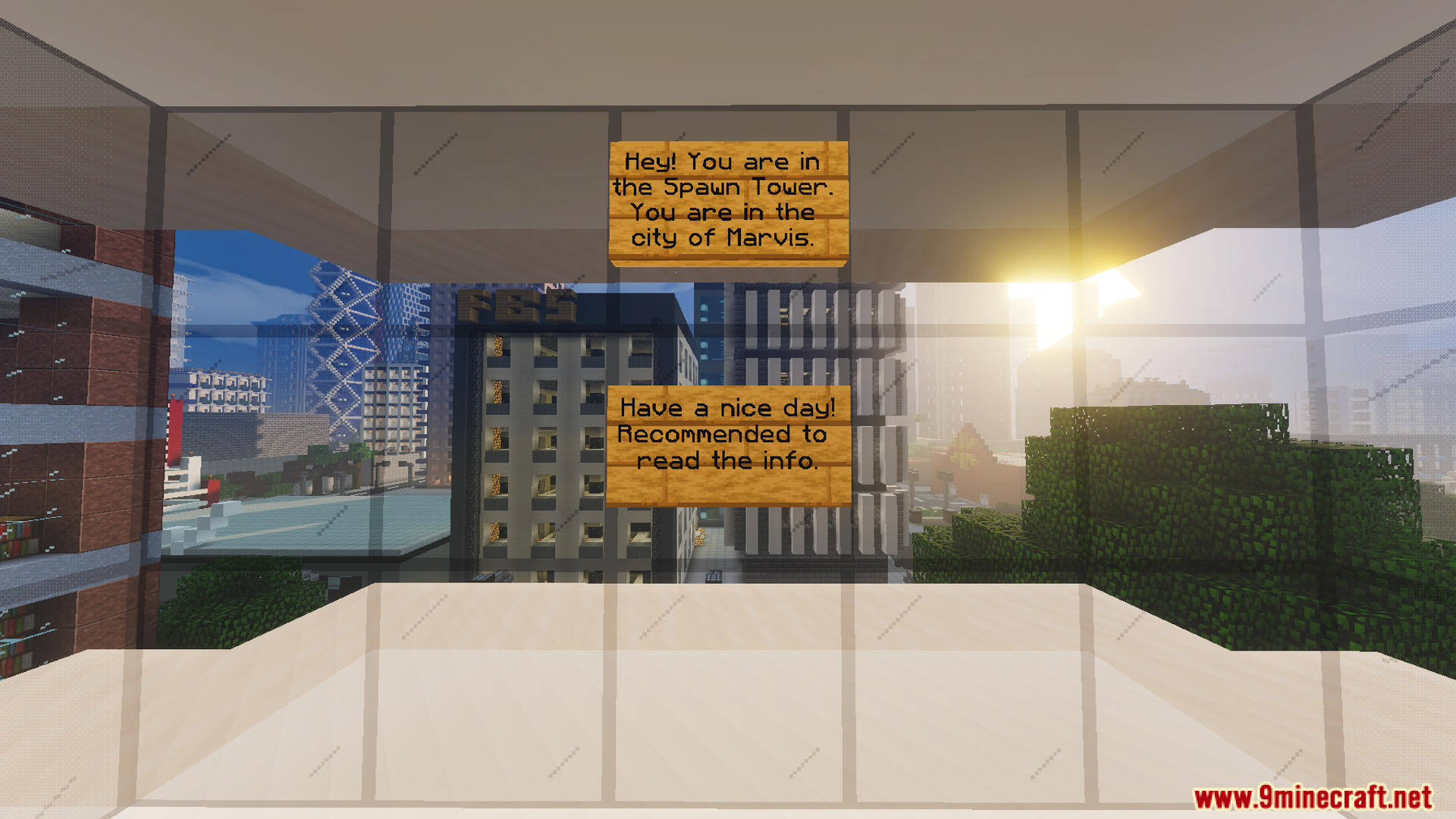 Player reading signs in the spawn tower of Marvis City