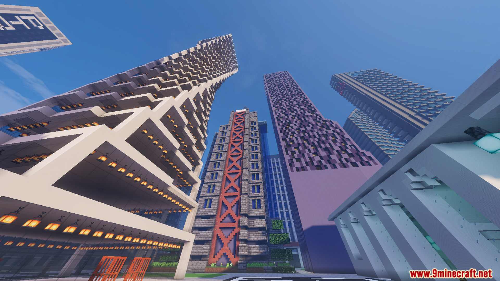 Looking up at tall skyscrapers in a modern city map