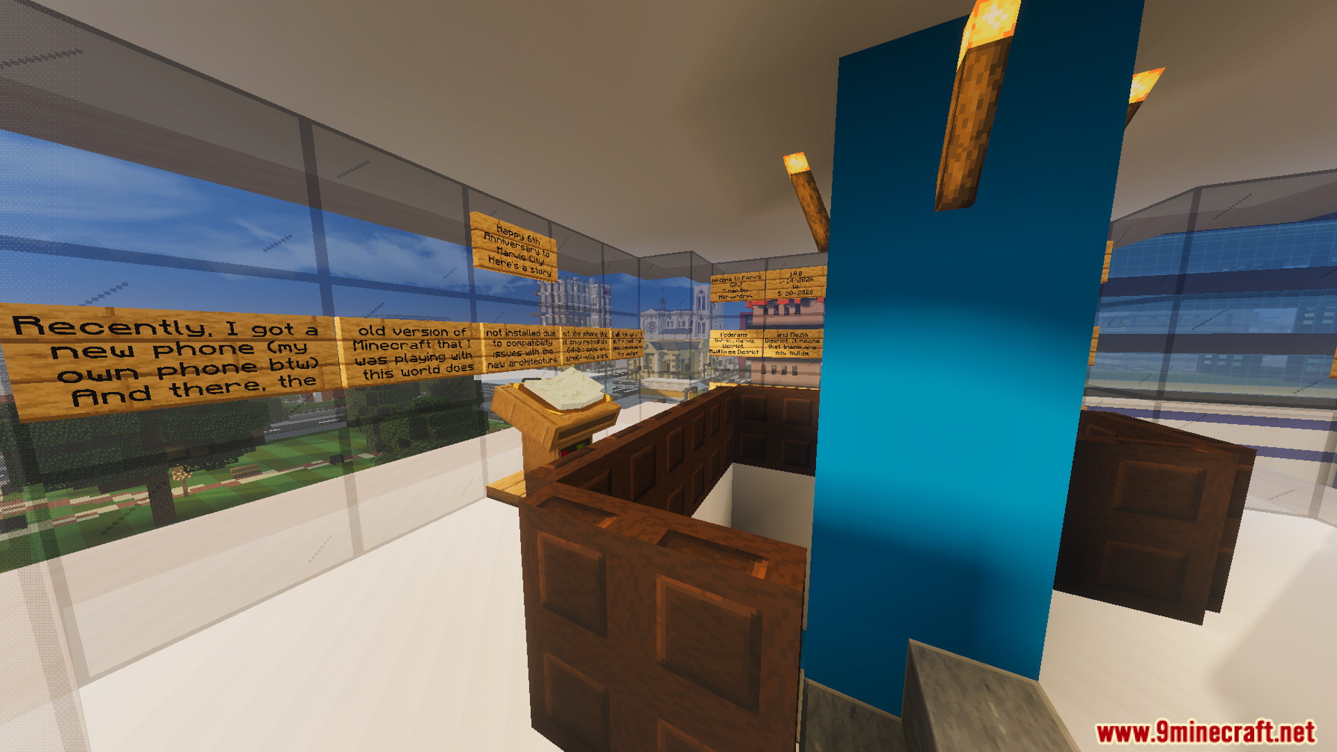 Player reading signs with story about the map creator