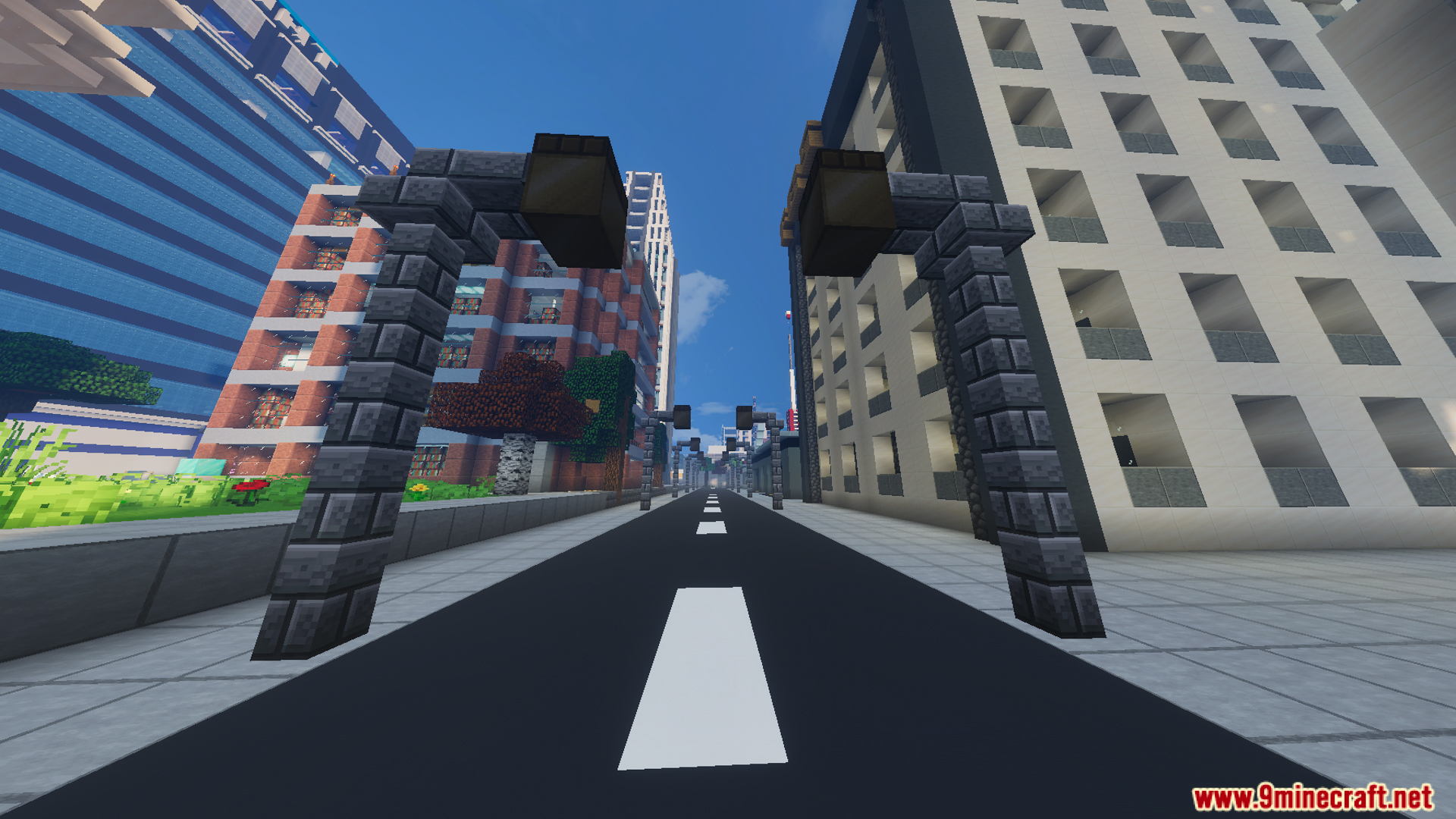 Empty street view in a massive metropolis with tall skyscrapers