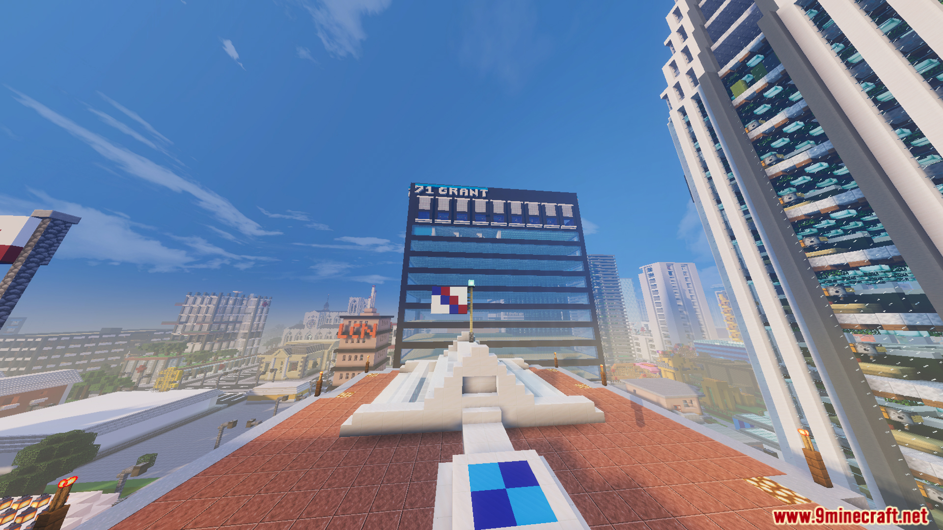 Rooftop view of tall skyscrapers in the nine huge districts