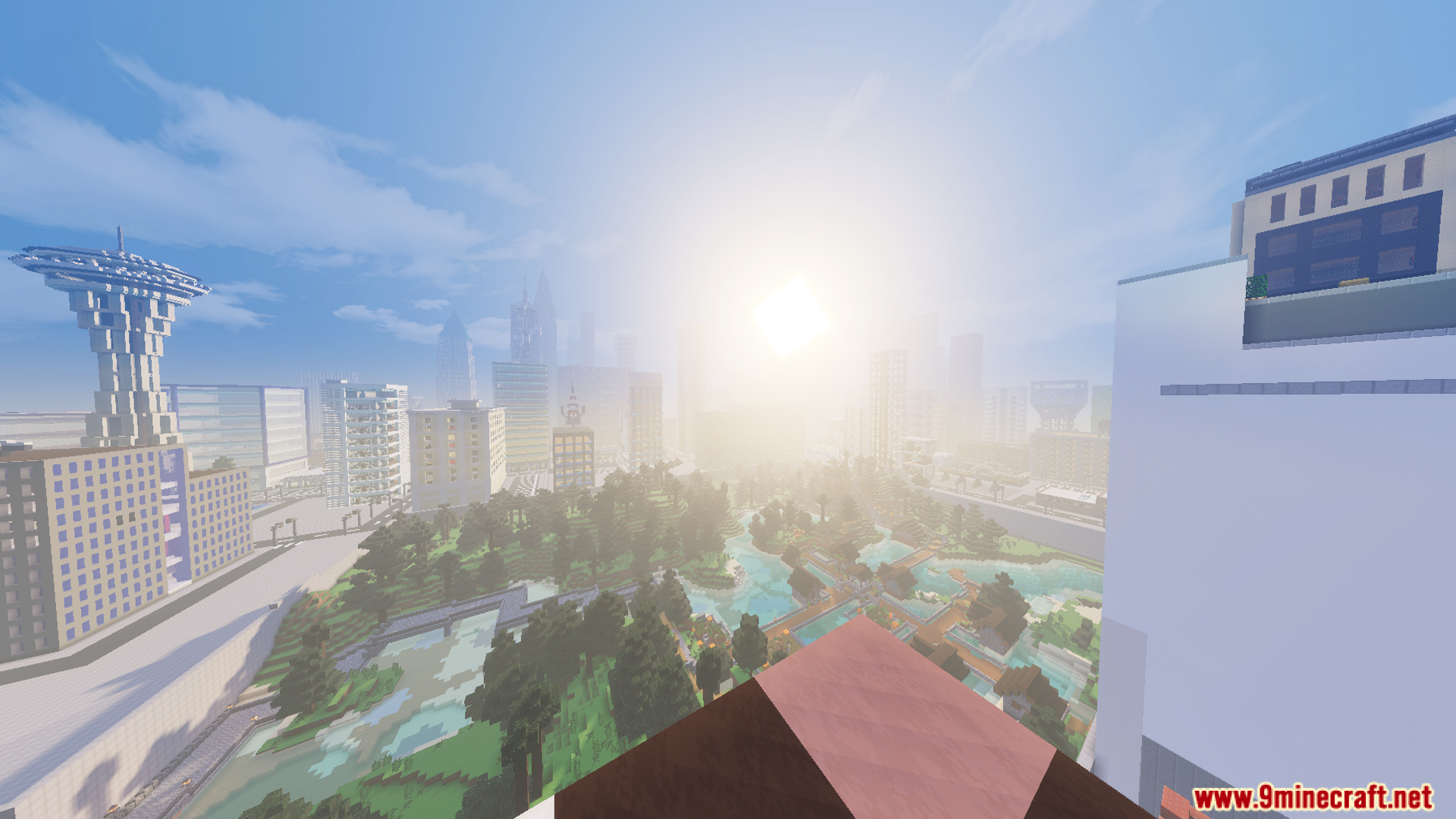 Sun shining over a park and buildings in Marvis City LITE Map