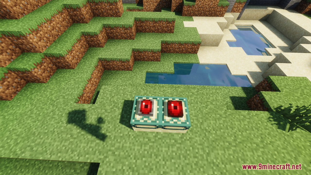 Mechanical Eye Resource Pack Screenshot 10 Two custom end portal frame blocks with mechanical eyes inserted on grass