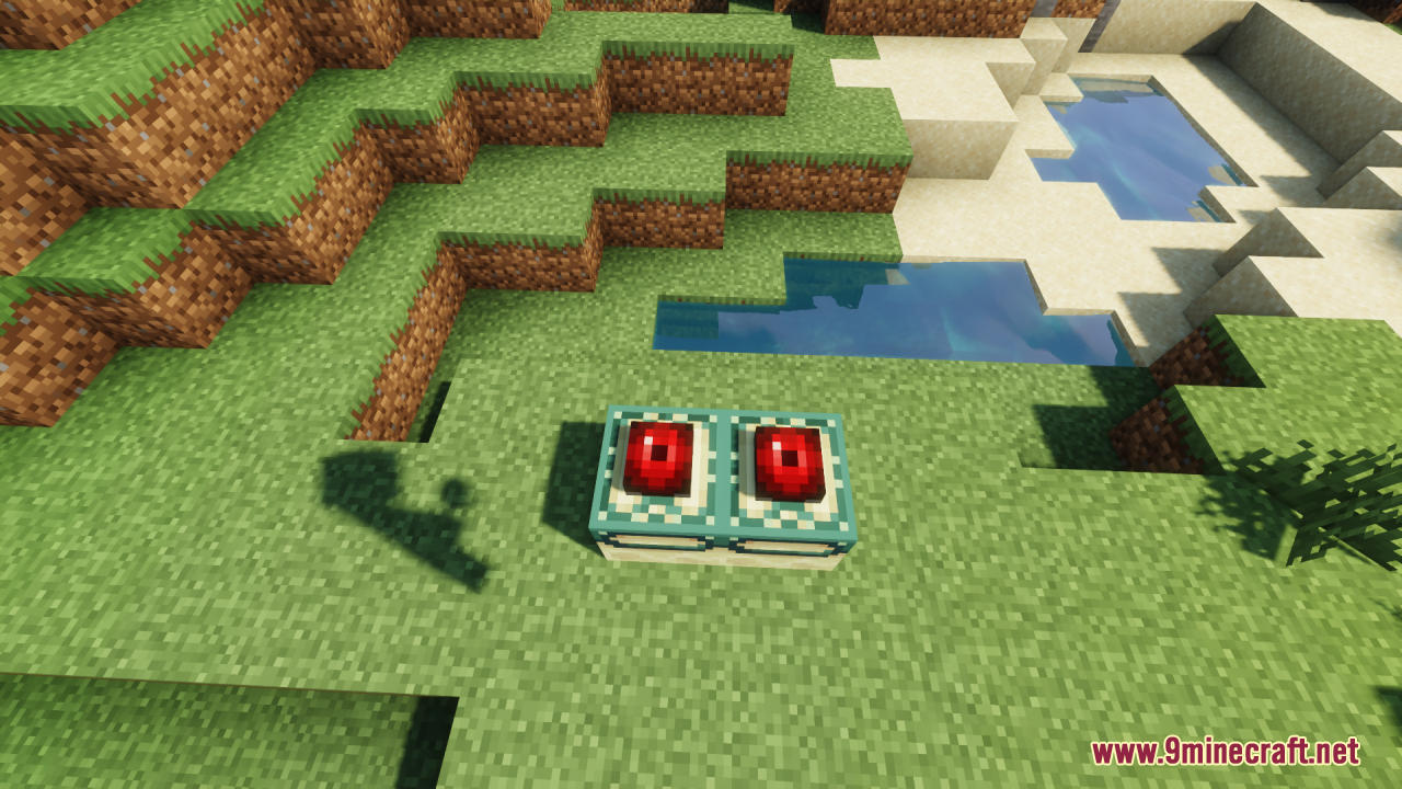 Mechanical Eye Resource Pack Screenshot 11 Two custom end portal frames with red mechanical eyes placed on grass