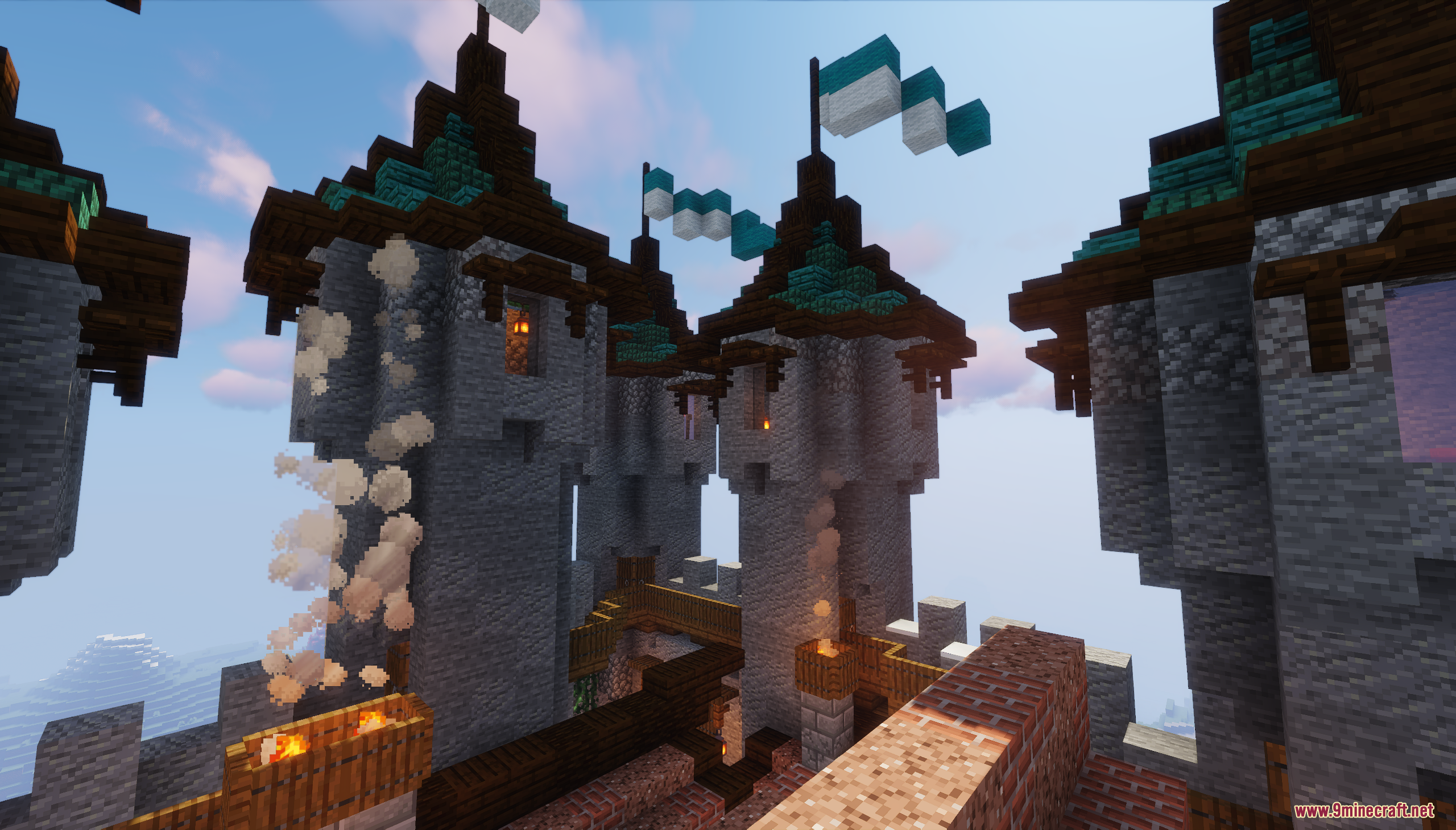 The tall stone towers of a medieval mountain fortress
