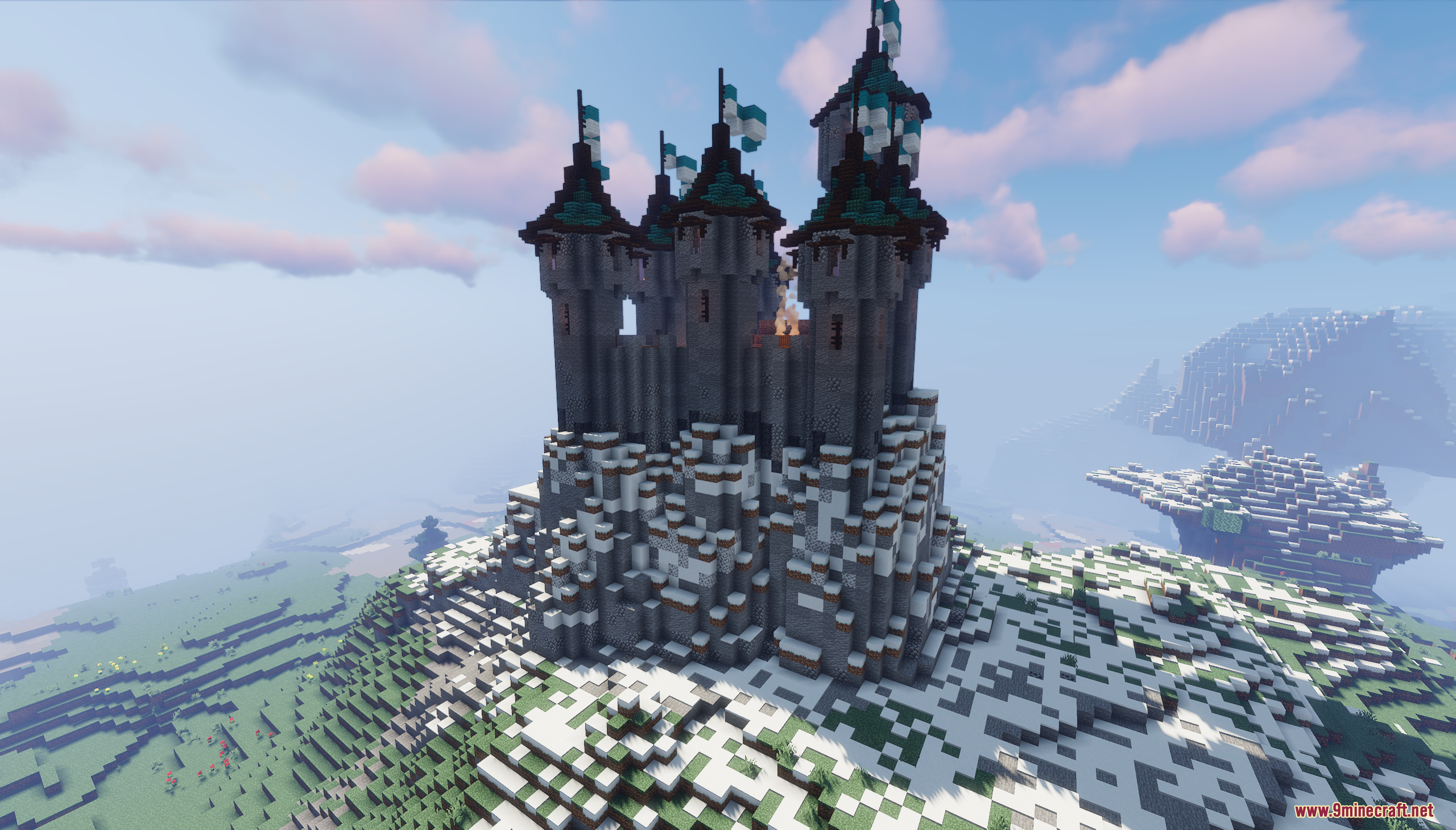 A fantasy castle built on the side of a snowy mountain