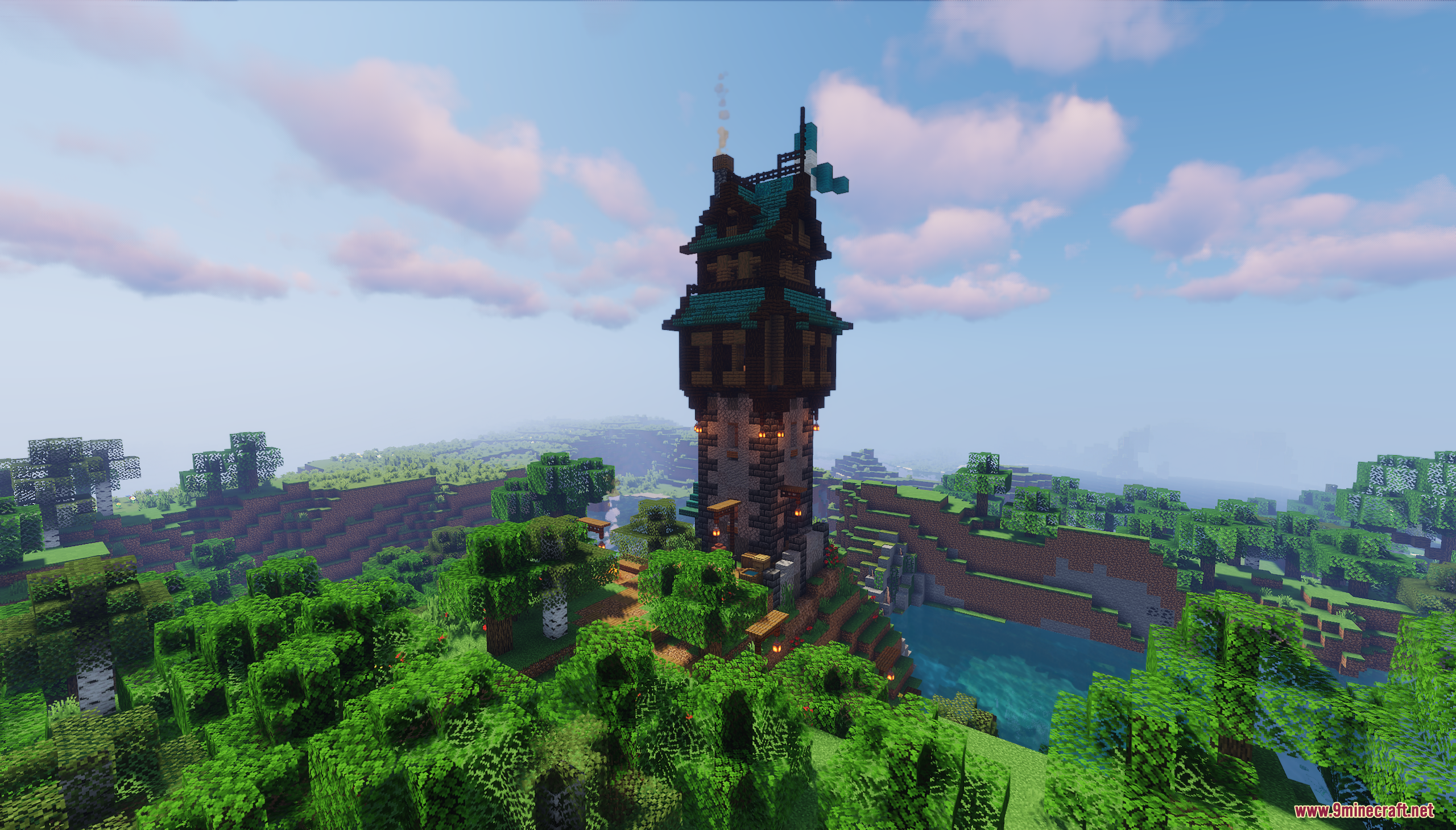 A tall medieval fantasy tower rises above the forest canopy
