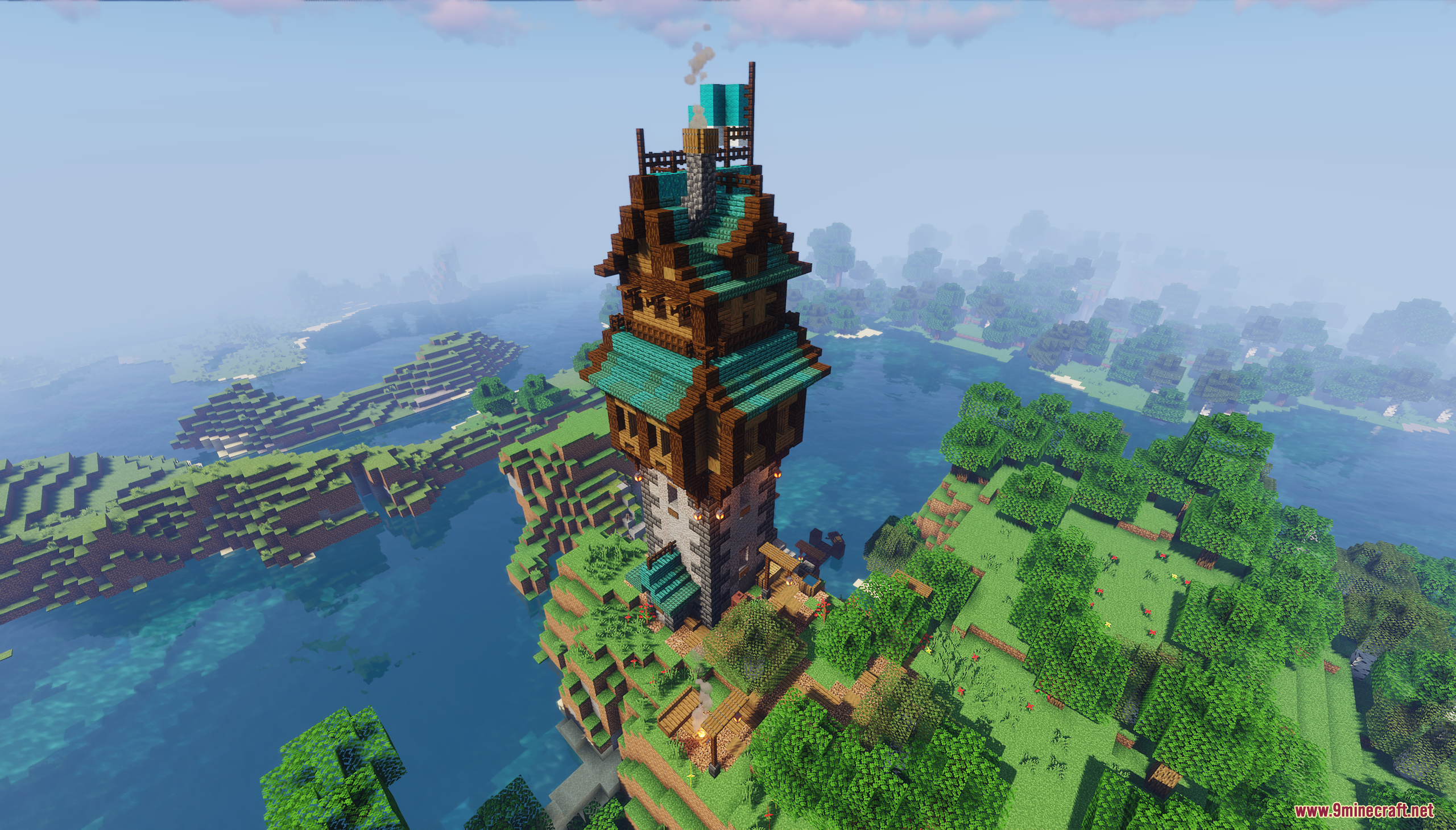 A tall medieval fantasy tower overlooking a vast ocean