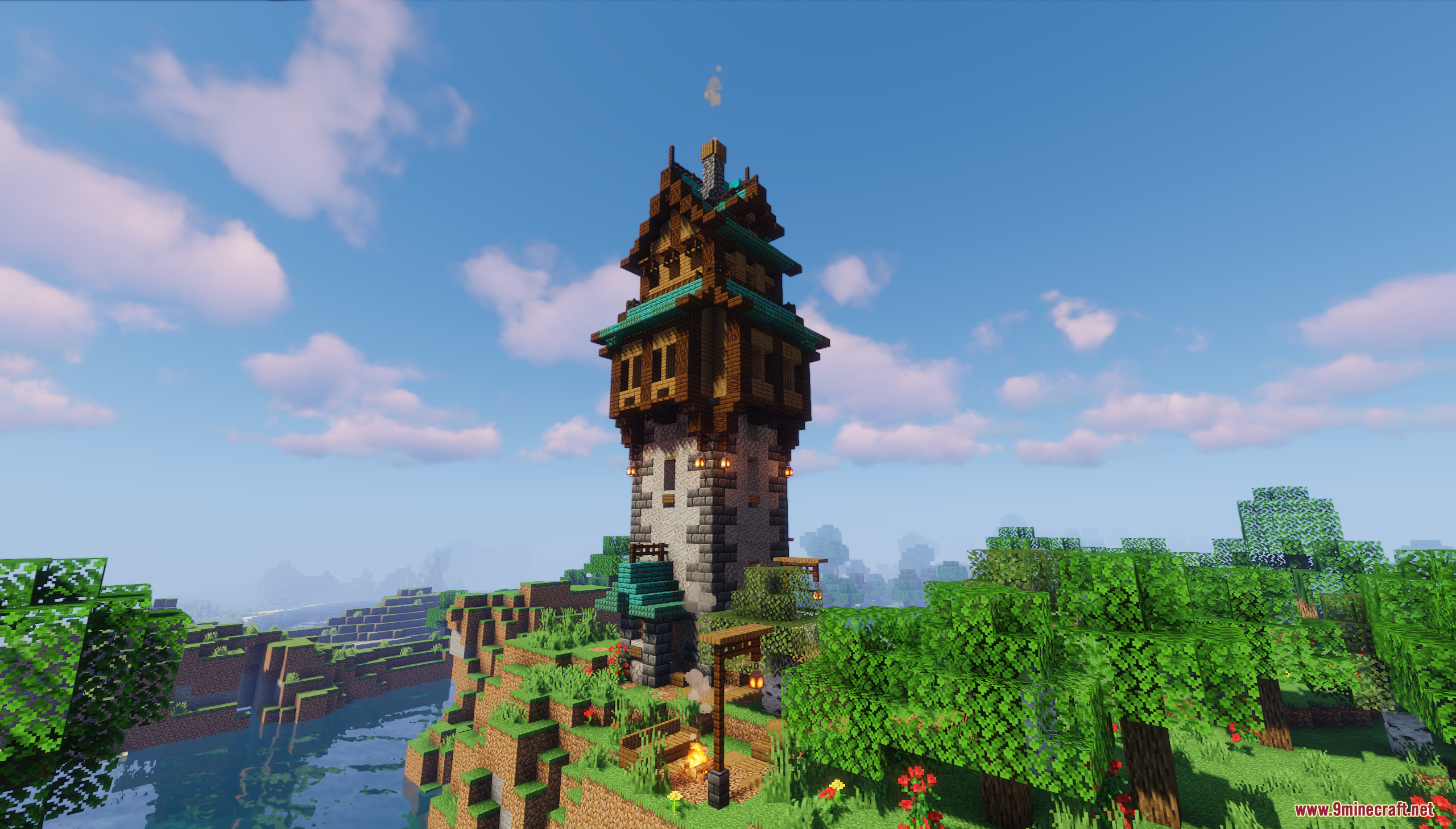 A close-up view of the tower's stone and wood design