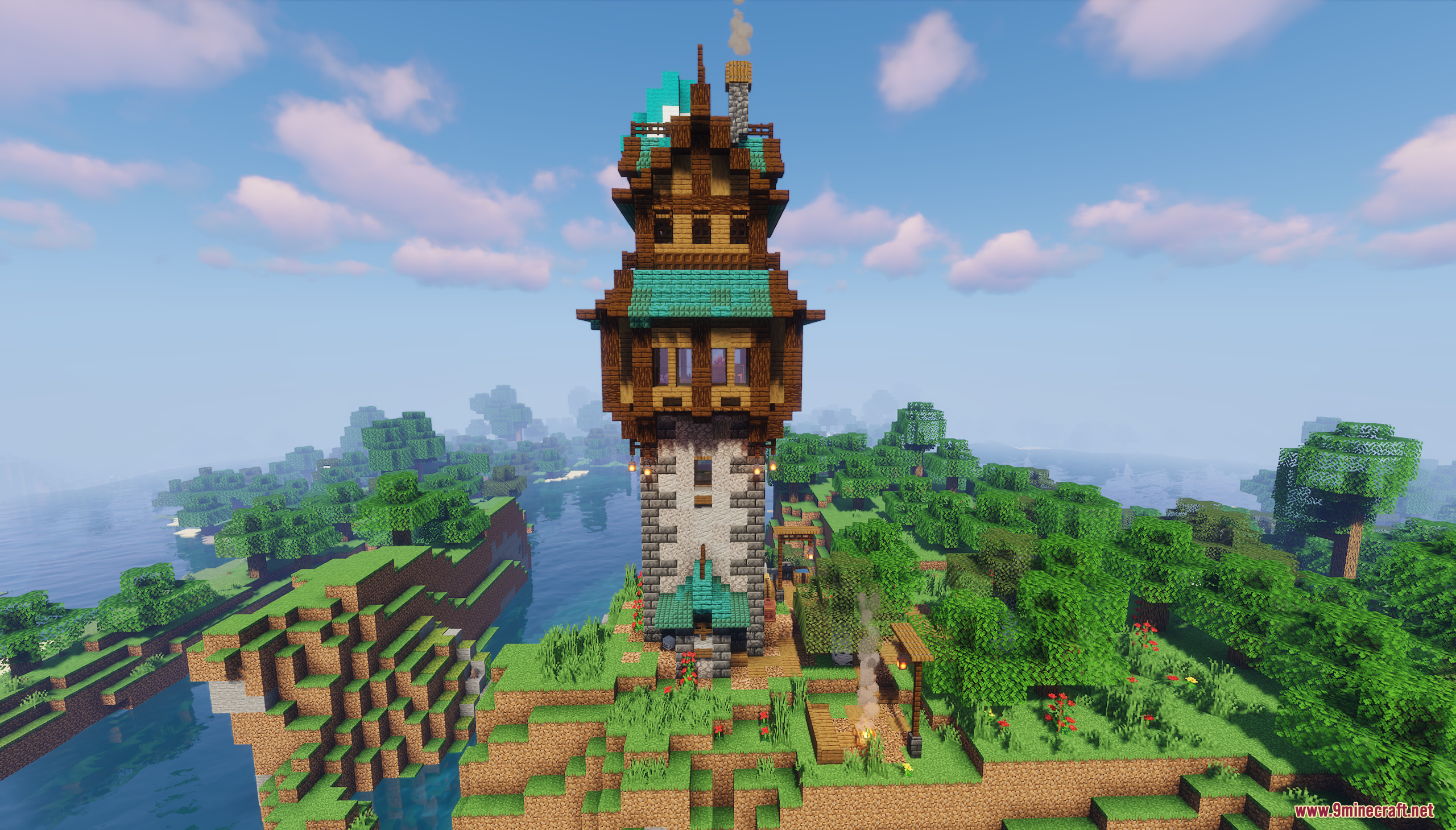 A tall medieval fantasy tower stands on a lush green hill