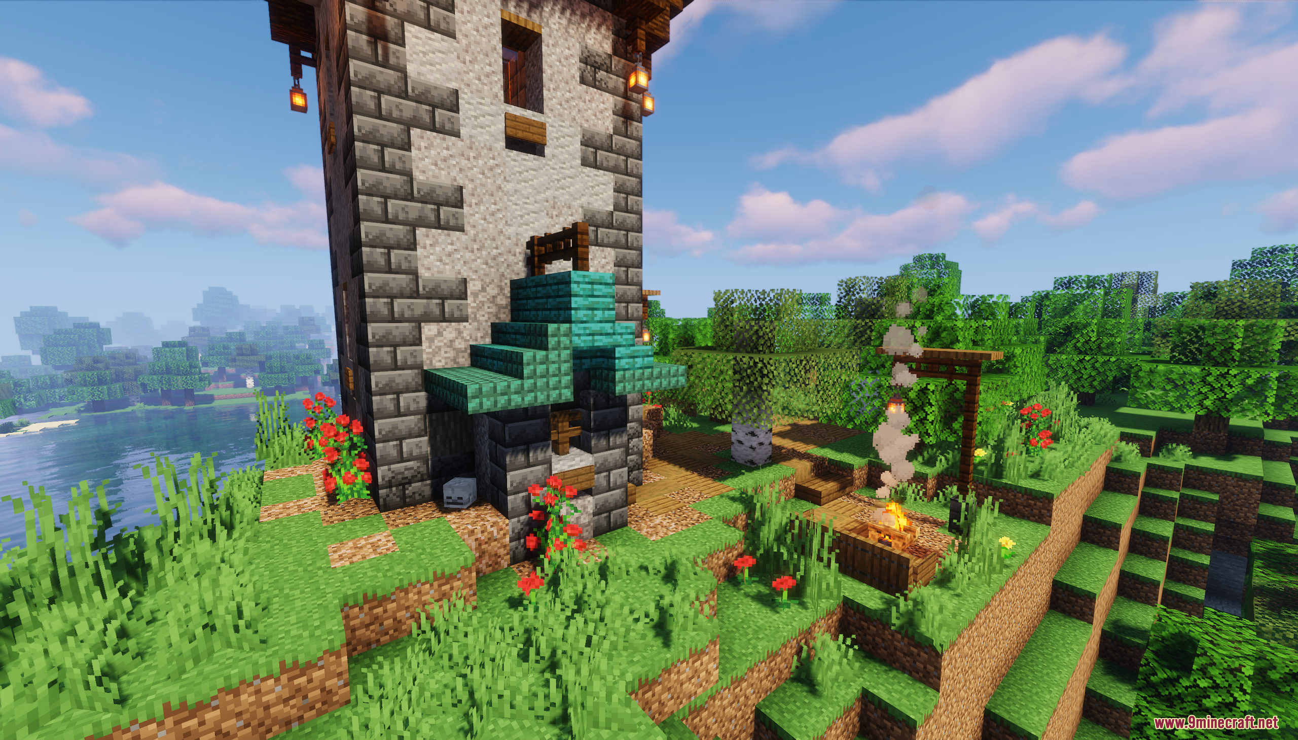 An outdoor forge and campfire at the base of the tower