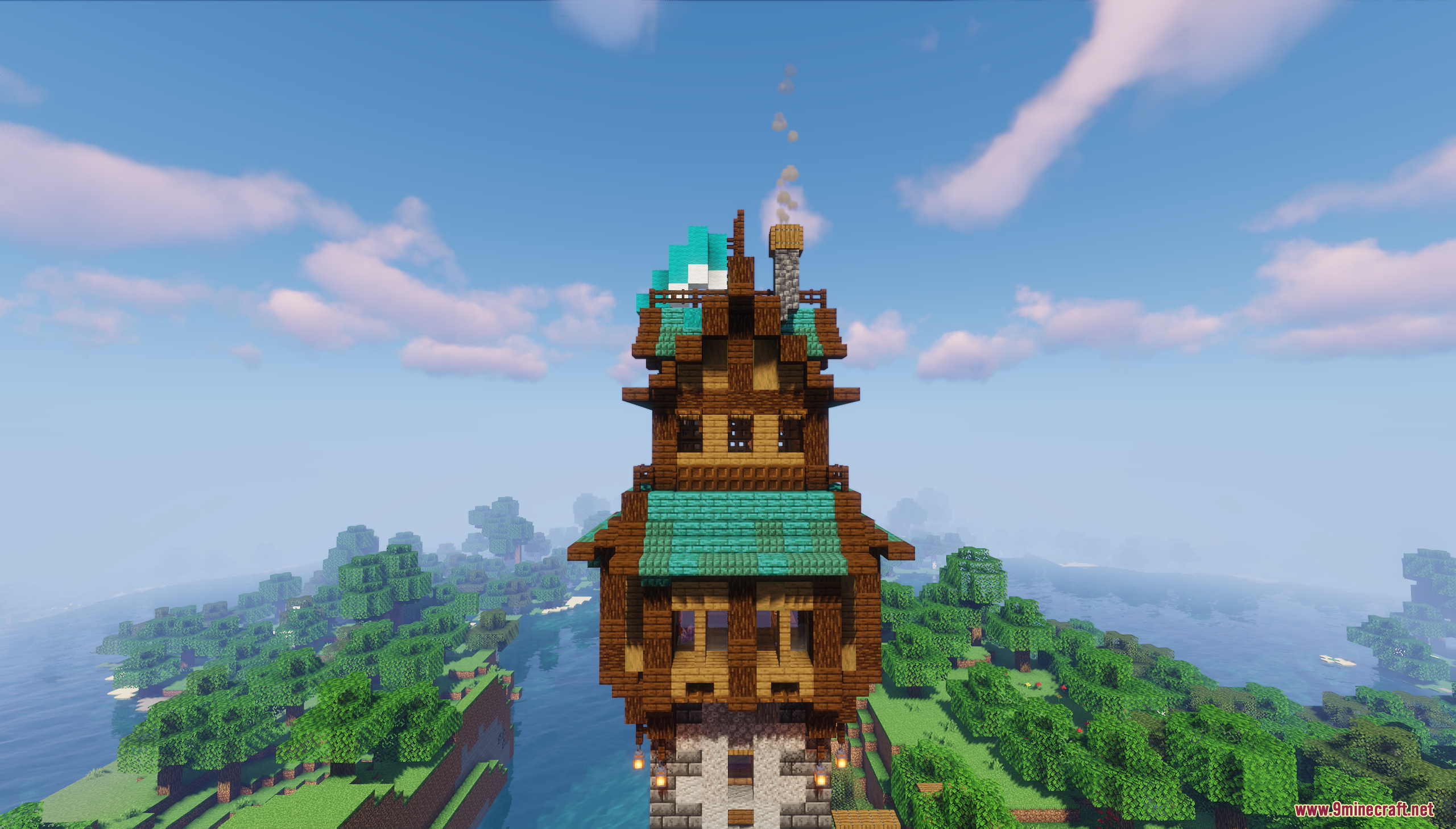 The detailed wooden upper levels of the fantasy-style tower