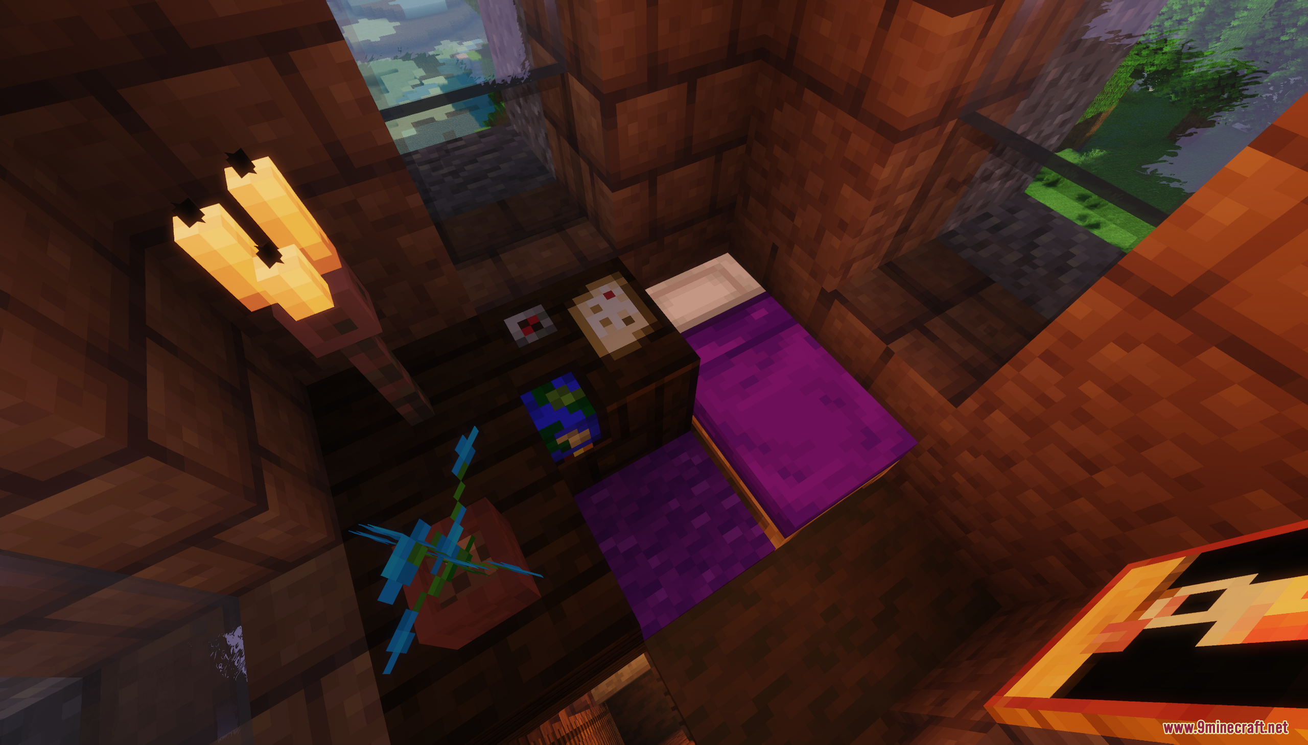 A small, furnished bedroom with a purple bed