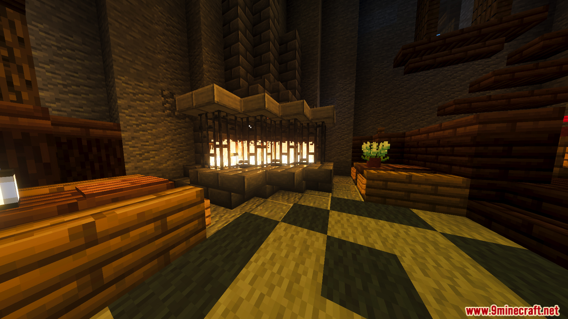 Detailed fireplace with iron bars and checkered floor in a cozy tavern
