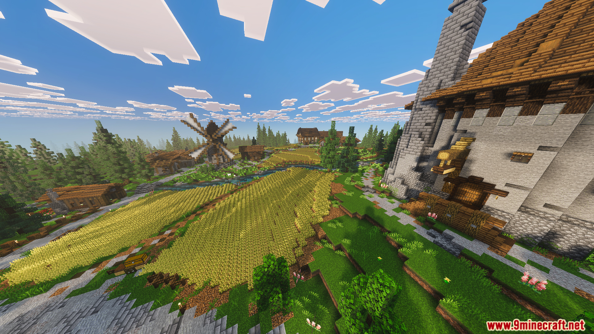 Medieval Village Gendrys Tavern Map features golden wheat fields and stone houses