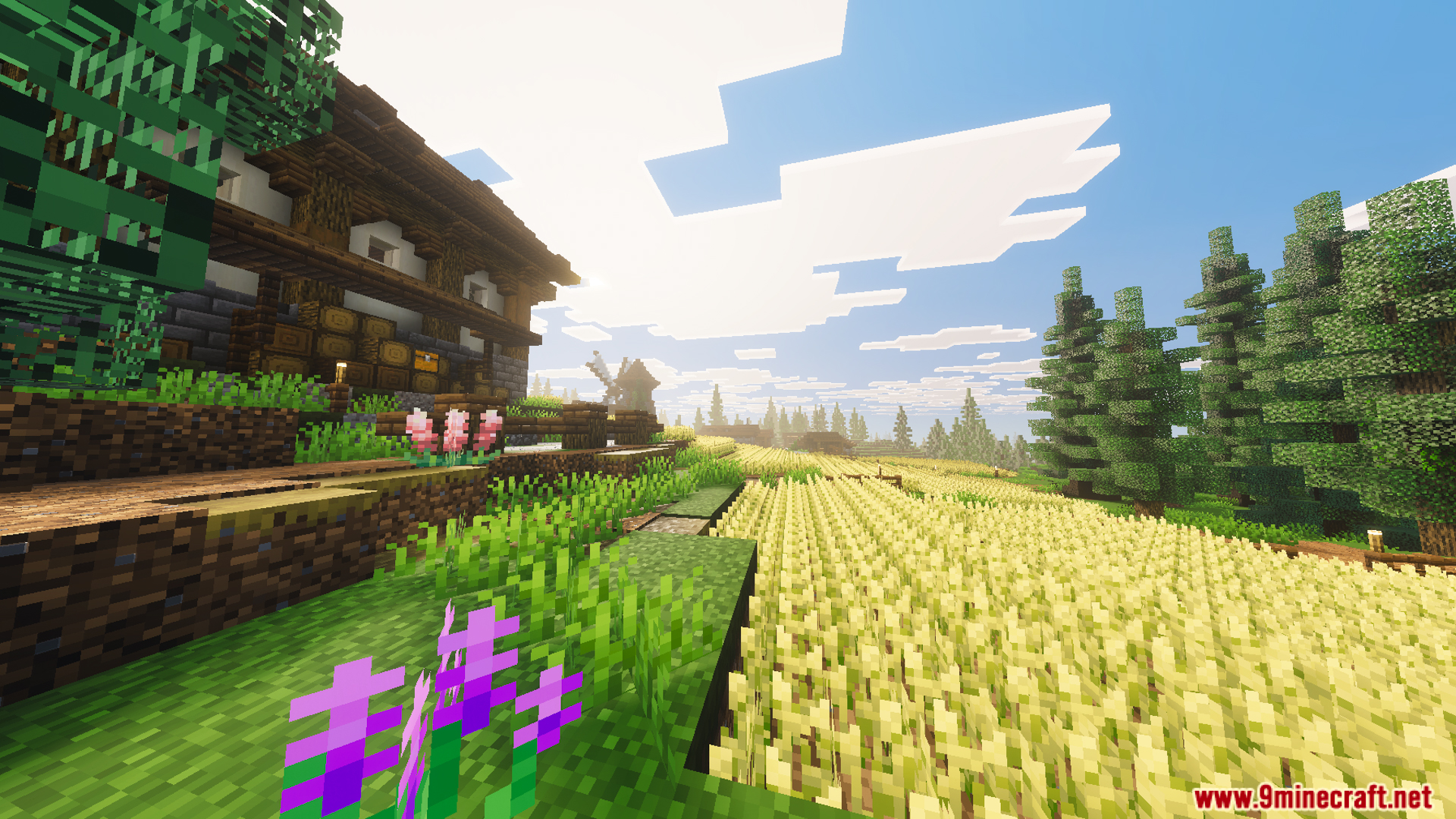 Golden wheat fields stretching towards a tall windmill under a bright sky