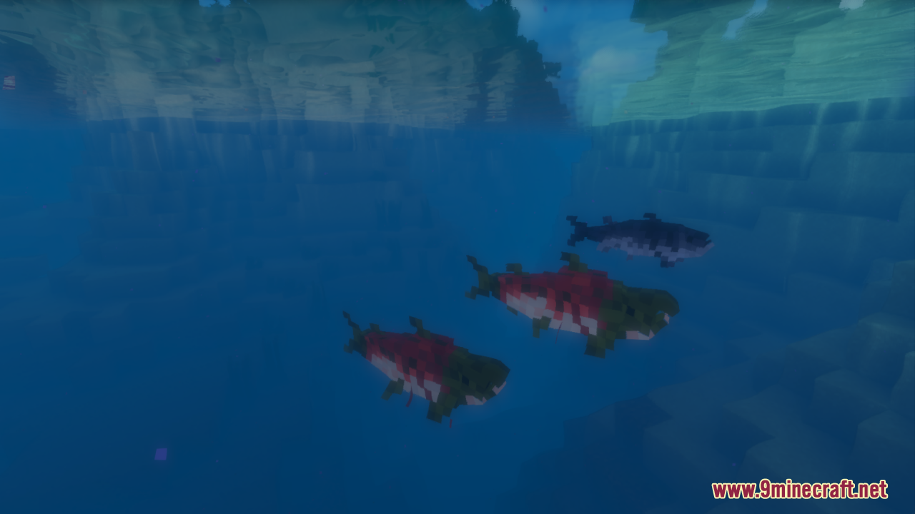 Melody's Cute Girl Illagers Resource Pack Screenshot 1 Three salmon swimming together underwater in a deep blue ocean environment