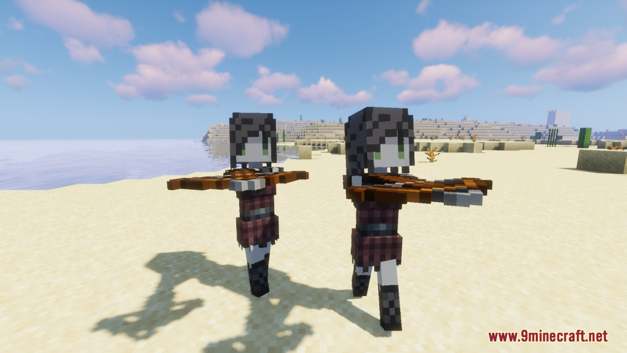 Melody's Cute Girl Illagers Resource Pack Screenshot 10 Two cute girl illager characters holding crossbows on a sandy beach
