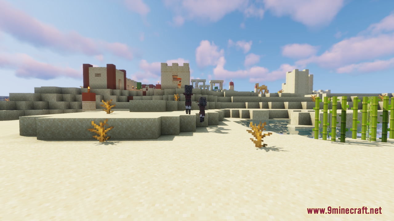 Melody's Cute Girl Illagers Resource Pack Screenshot 11 Cute girl illagers standing on sand near a desert village