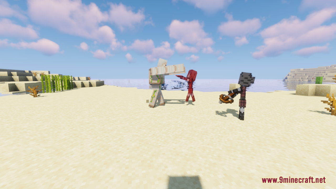 Melody's Cute Girl Illagers Resource Pack Screenshot 12 Iron Golem fighting custom cute girl illagers armed with a crossbow