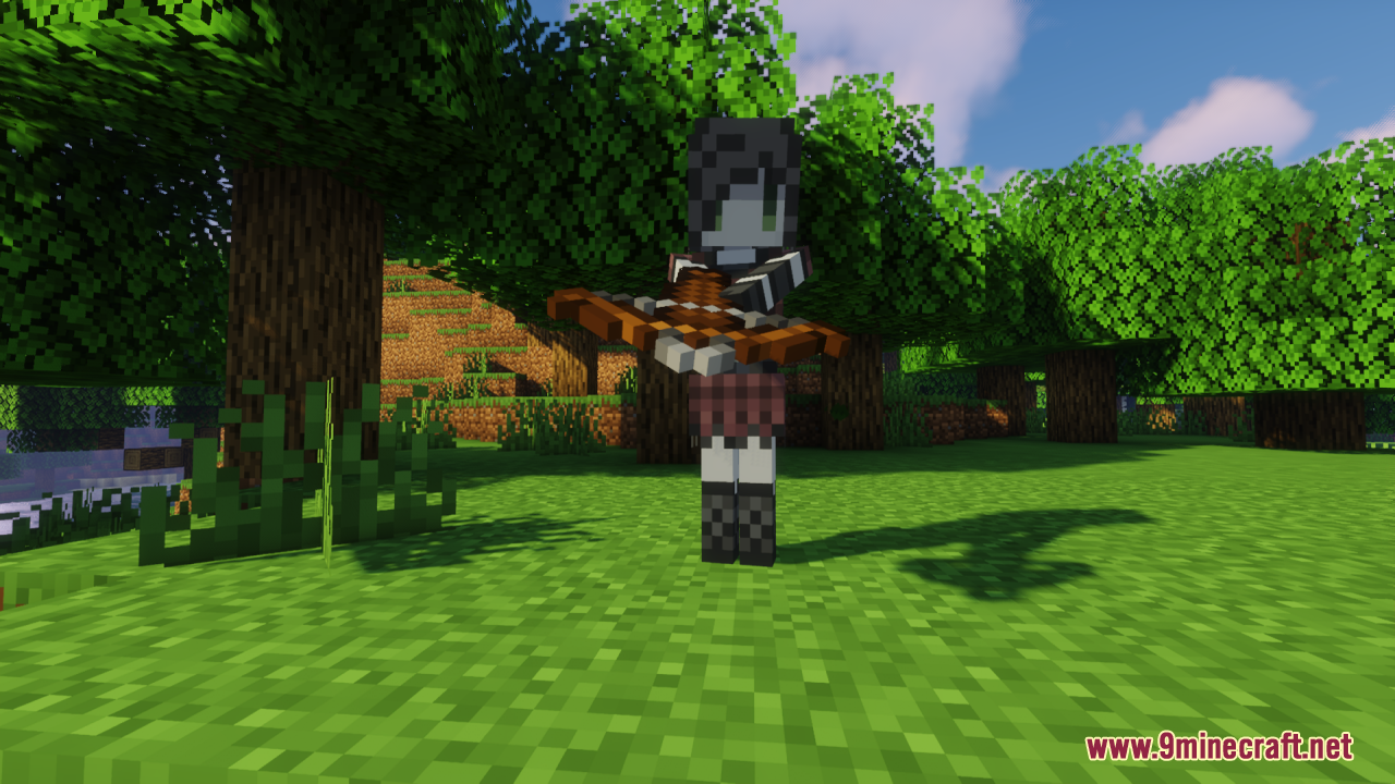 Melody's Cute Girl Illagers Resource Pack Screenshot 2 Custom cute girl illager model holding a crossbow in a forest environment