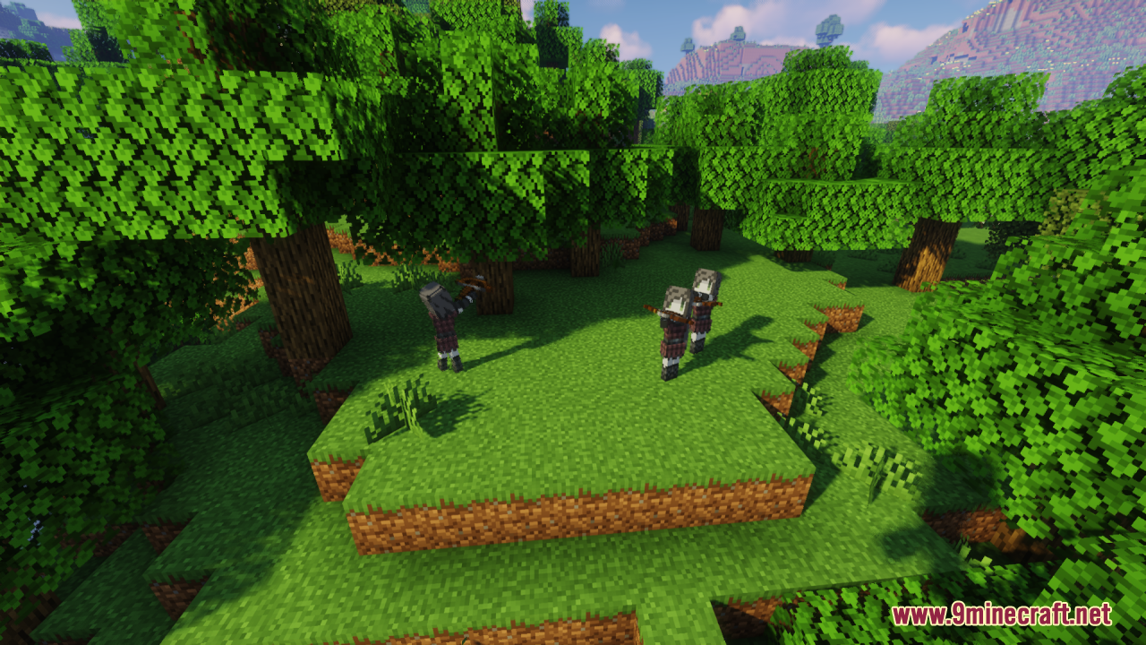 Melody's Cute Girl Illagers Resource Pack Screenshot 4 Three cute anime girl illagers holding crossbows standing together in a forest