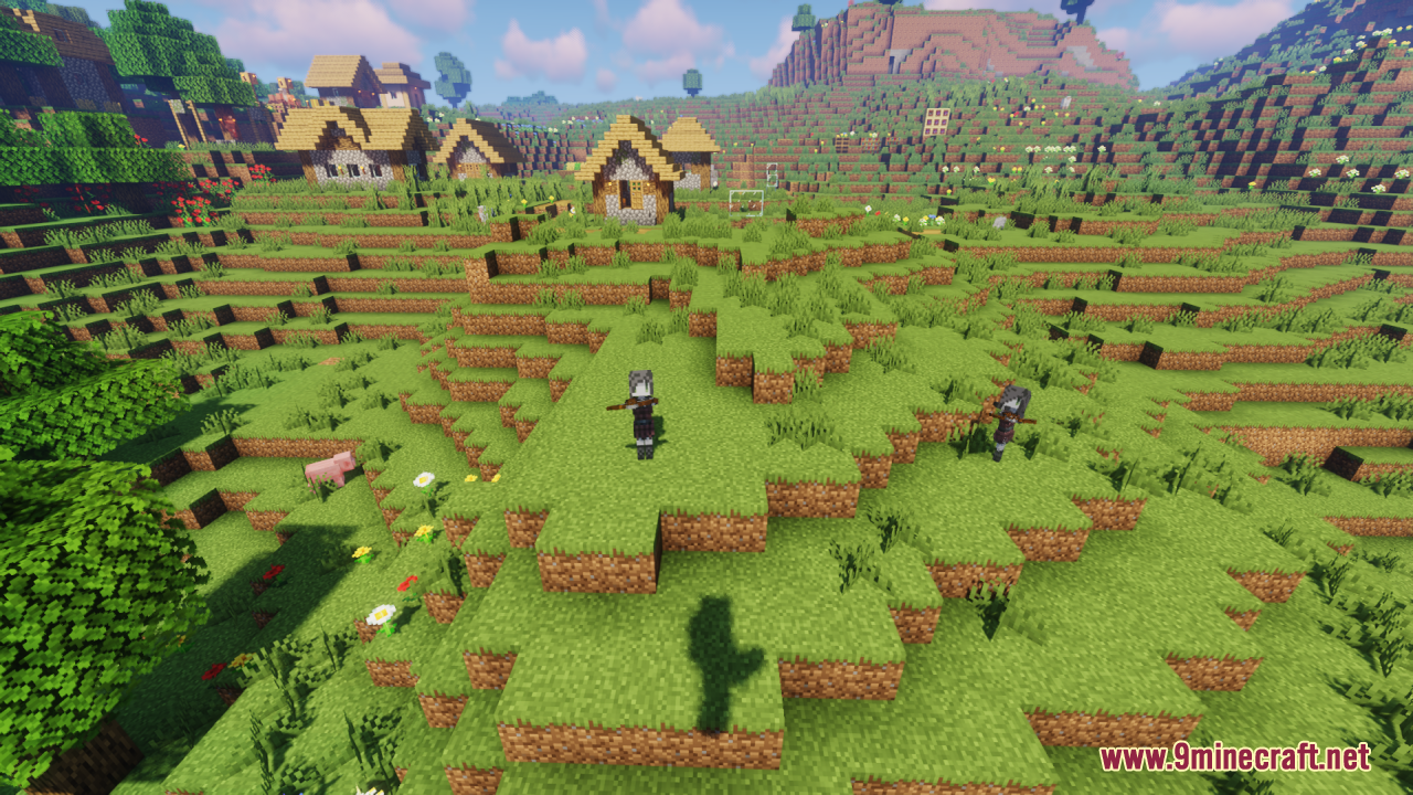 Melody's Cute Girl Illagers Resource Pack Screenshot 5 Cute girl pillagers with crossbows standing on a grassy hill outside a village
