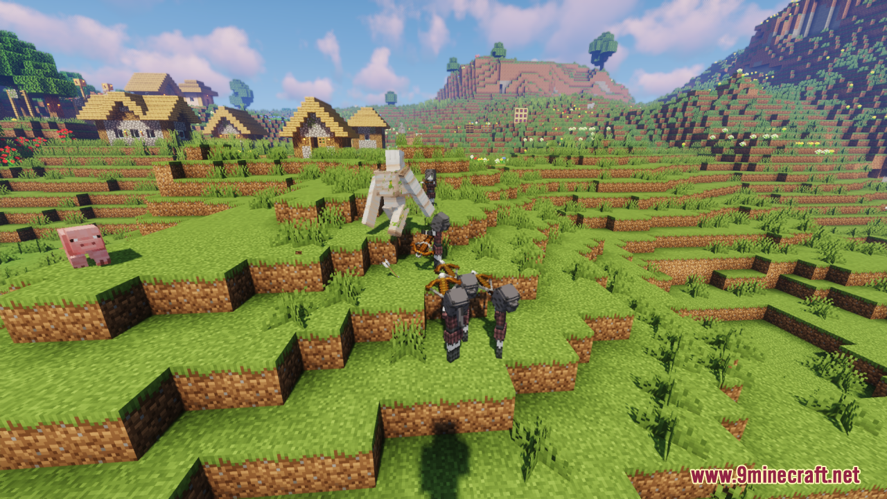 Melody's Cute Girl Illagers Resource Pack Screenshot 6 Iron golem fighting a group of cute girl illagers outside a village