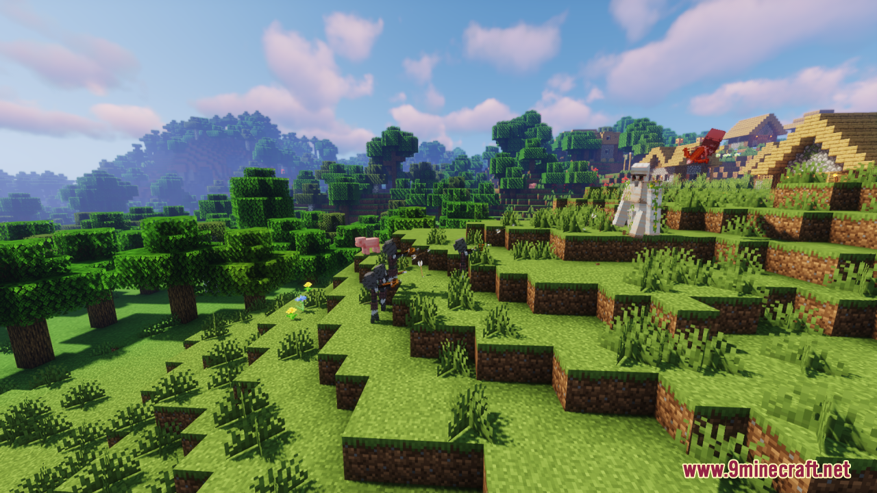 Melody's Cute Girl Illagers Resource Pack Screenshot 7 Cute anime girl illagers with crossbows standing on a grassy hill near village