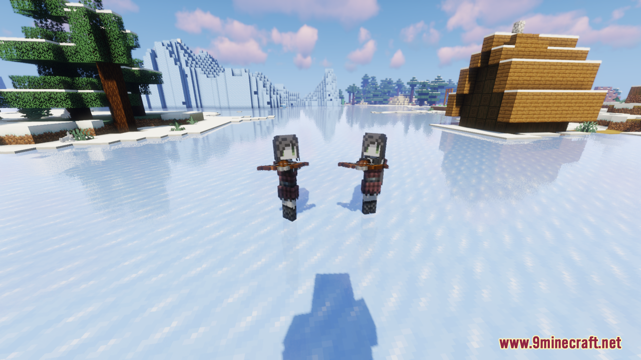 Melody's Cute Girl Illagers Resource Pack Screenshot 8 Two cute anime girl illagers holding crossbows standing on a frozen ice lake