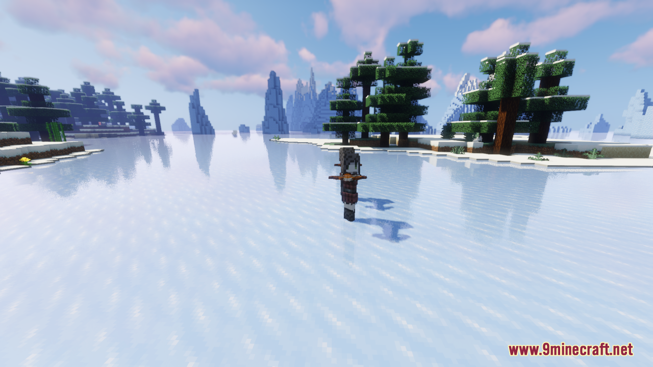 Melody's Cute Girl Illagers Resource Pack Screenshot 9 Cute girl illager character standing on a frozen lake in a snowy biome