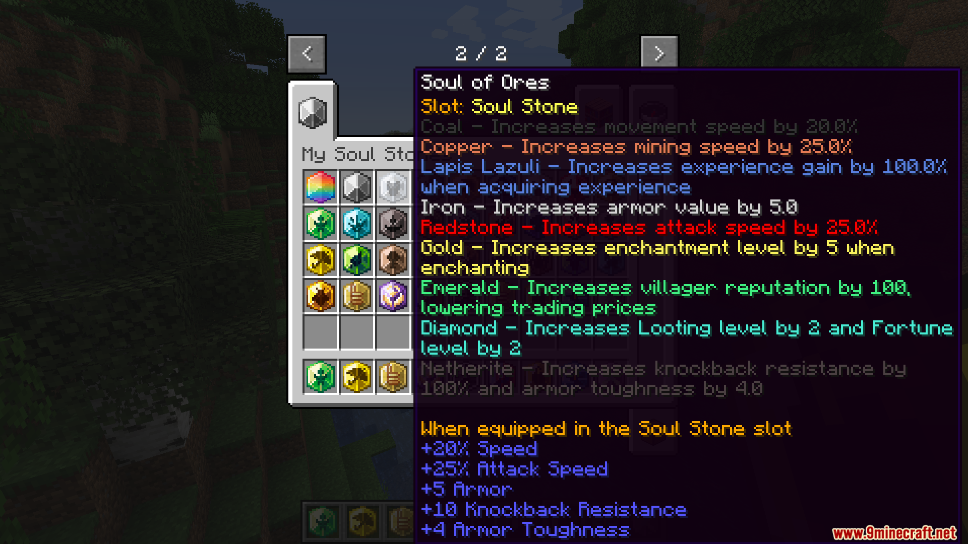 Mine Fargo Mod Screenshot 12 Player inspecting the Soul of Ores tooltip displaying various ore based stat buffs