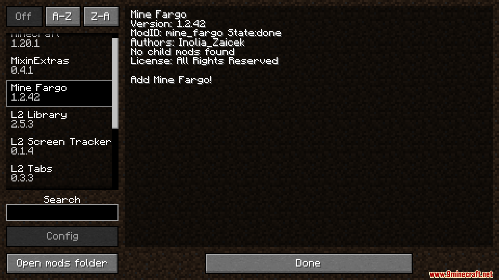 Mine Fargo Mod Screenshot 2 Mod list menu showing Mine Fargo mod details and version