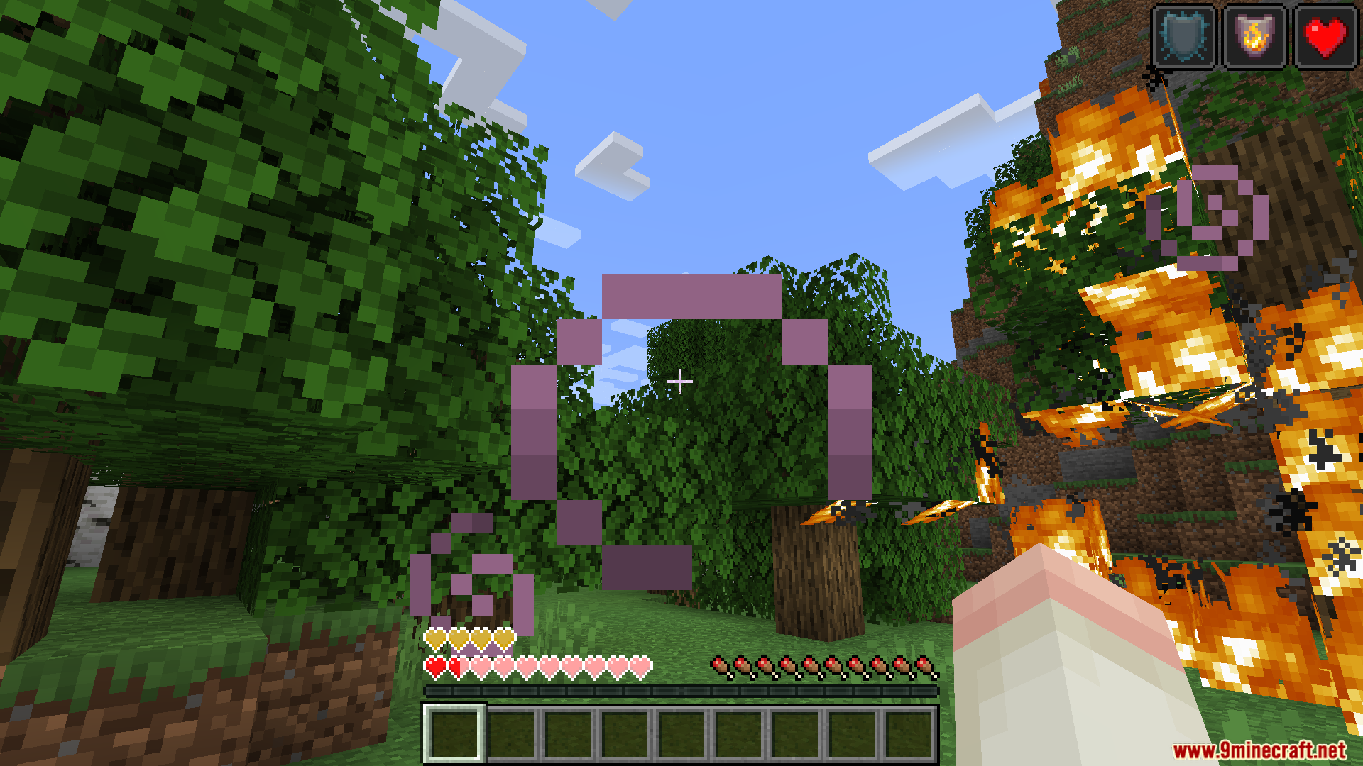 Mine Fargo Mod Screenshot 7 Player with extra hearts and purple potion effects standing near burning trees
