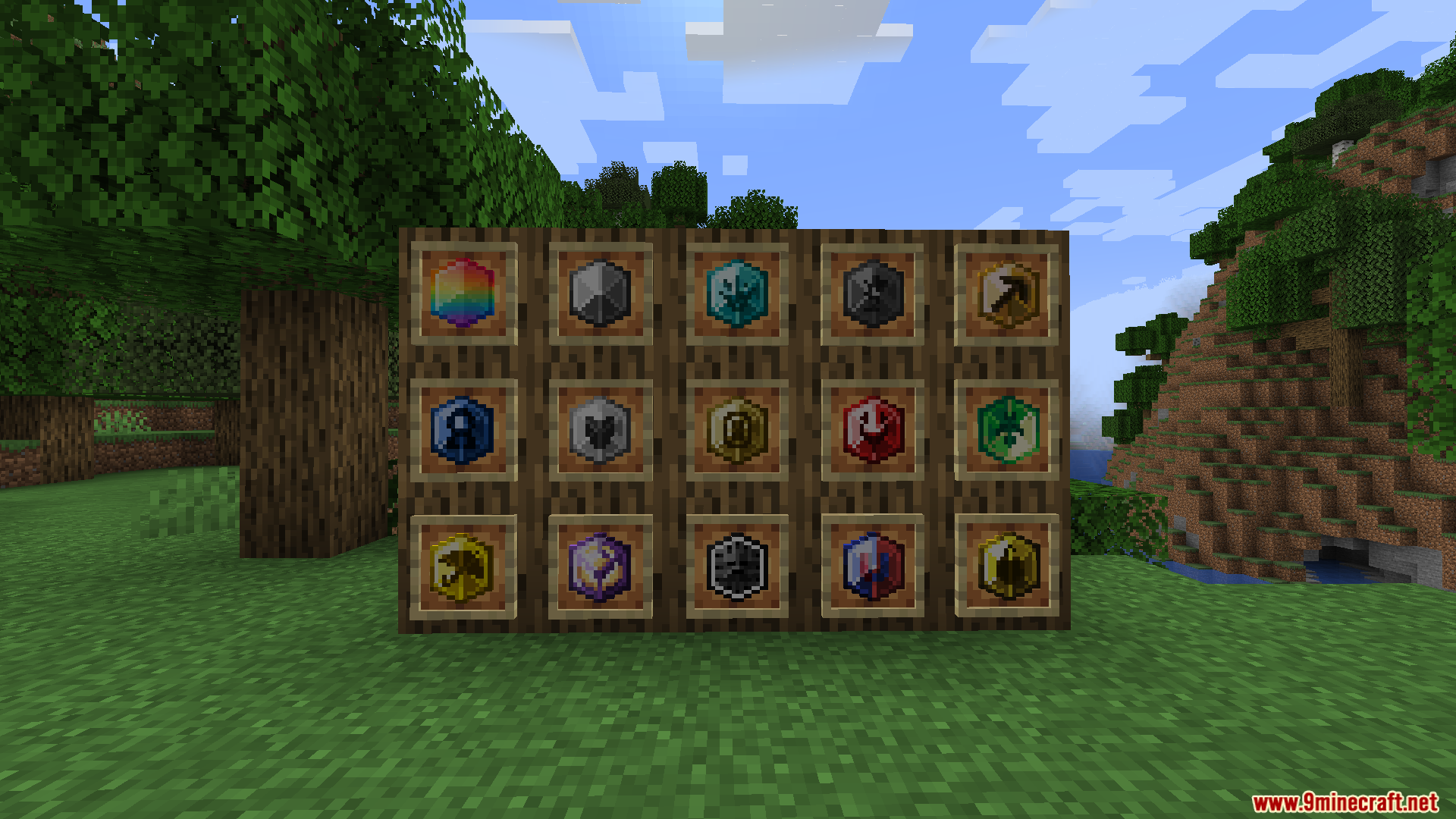 Mine Fargo Mod Screenshot 9 Wall of item frames displaying various colorful hexagonal Soul Stones in Minecraft
