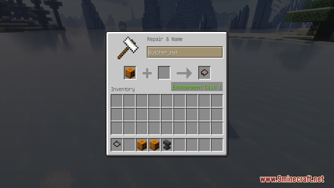 Using an anvil to rename a carved pumpkin into a Butcher Hat