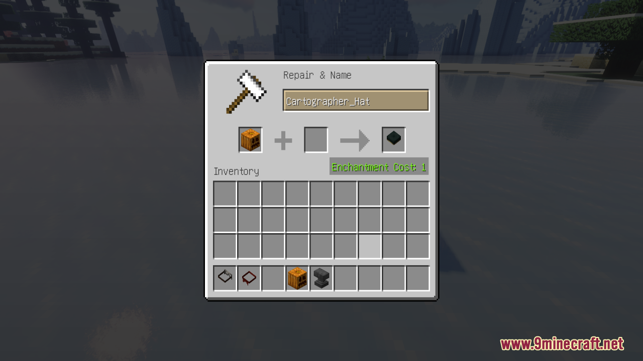 Renaming a carved pumpkin in an anvil to get a Cartographer Hat