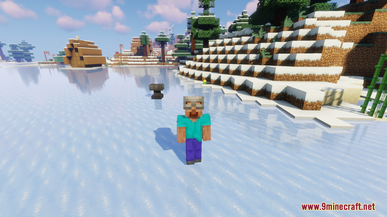 Player wearing a custom grey armorer hat standing on a frozen lake