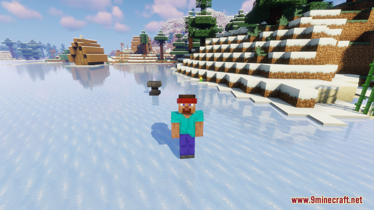 Player wearing a red headband hat variant standing on a frozen lake