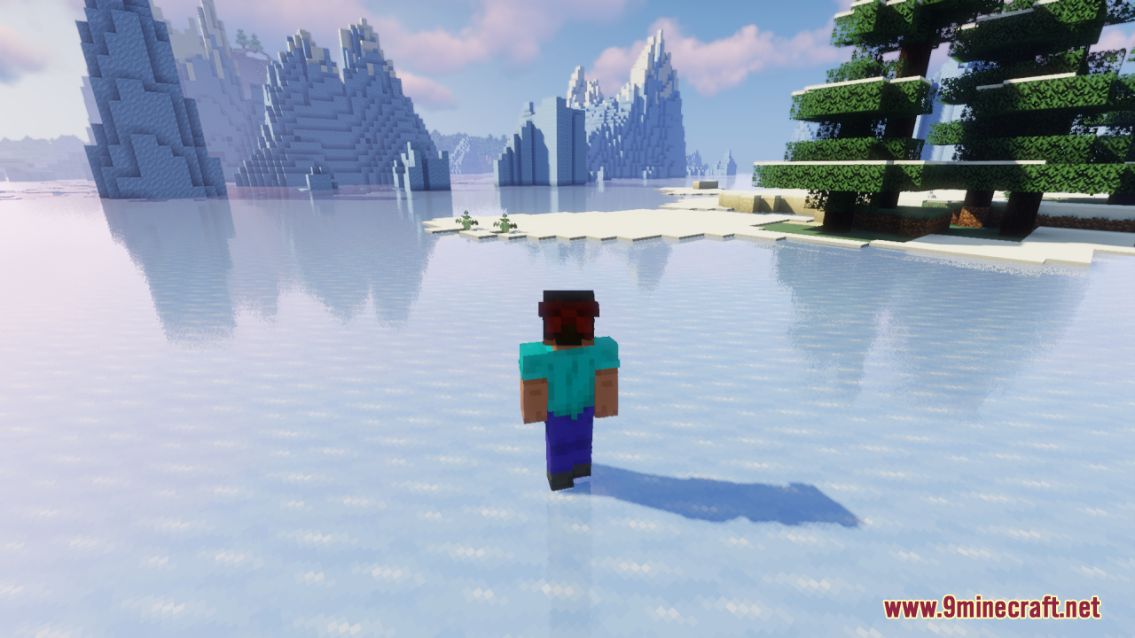 Player wearing a custom red villager hat on a frozen ice lake