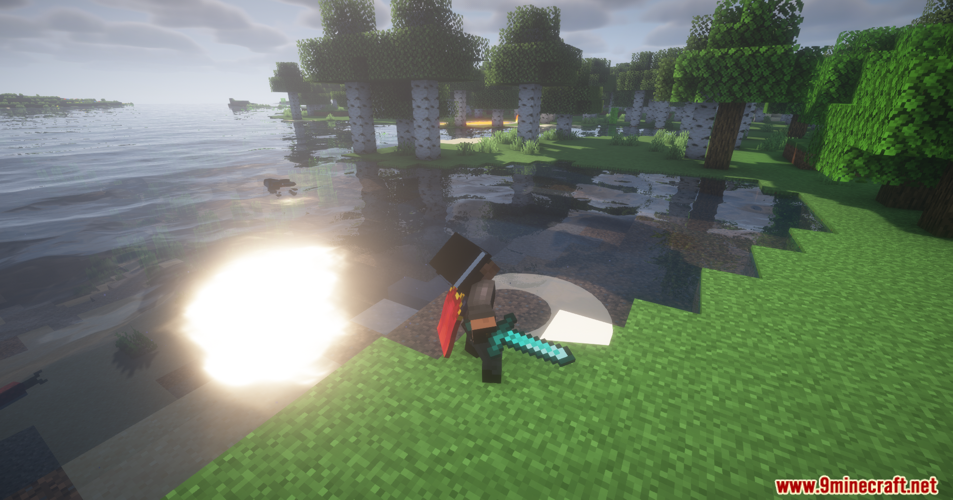 Mo' Bends Modern Port Mod Screenshot 11 Player swinging a diamond sword showing a smooth white combat animation trail
