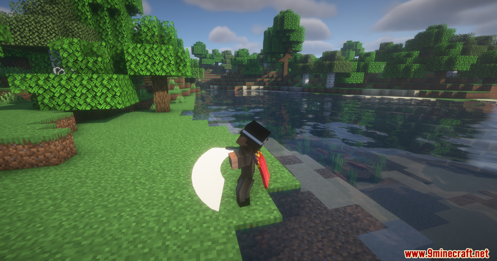 Mo' Bends Modern Port Mod Screenshot 15 Player swinging a sword creating a white trail effect near the water