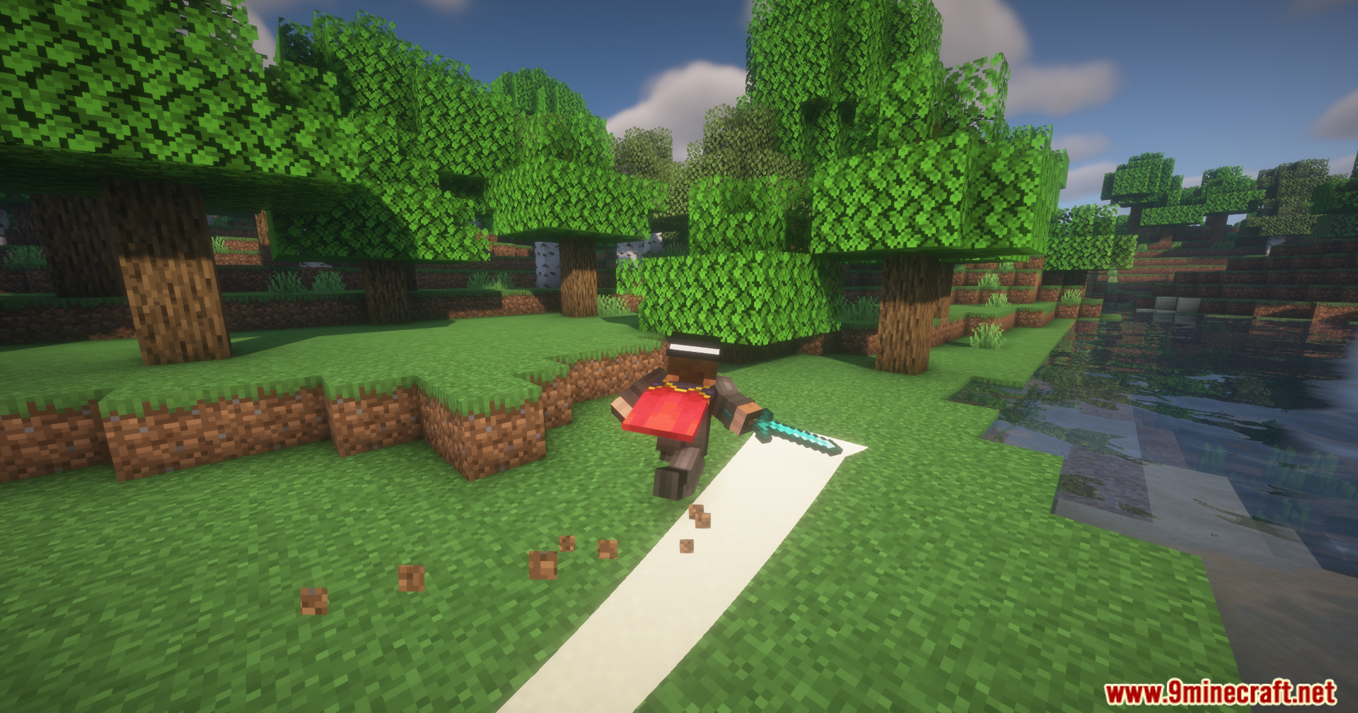 Mo' Bends Modern Port Mod Screenshot 5 Player running with a diamond sword and red cape showing custom sprint animations