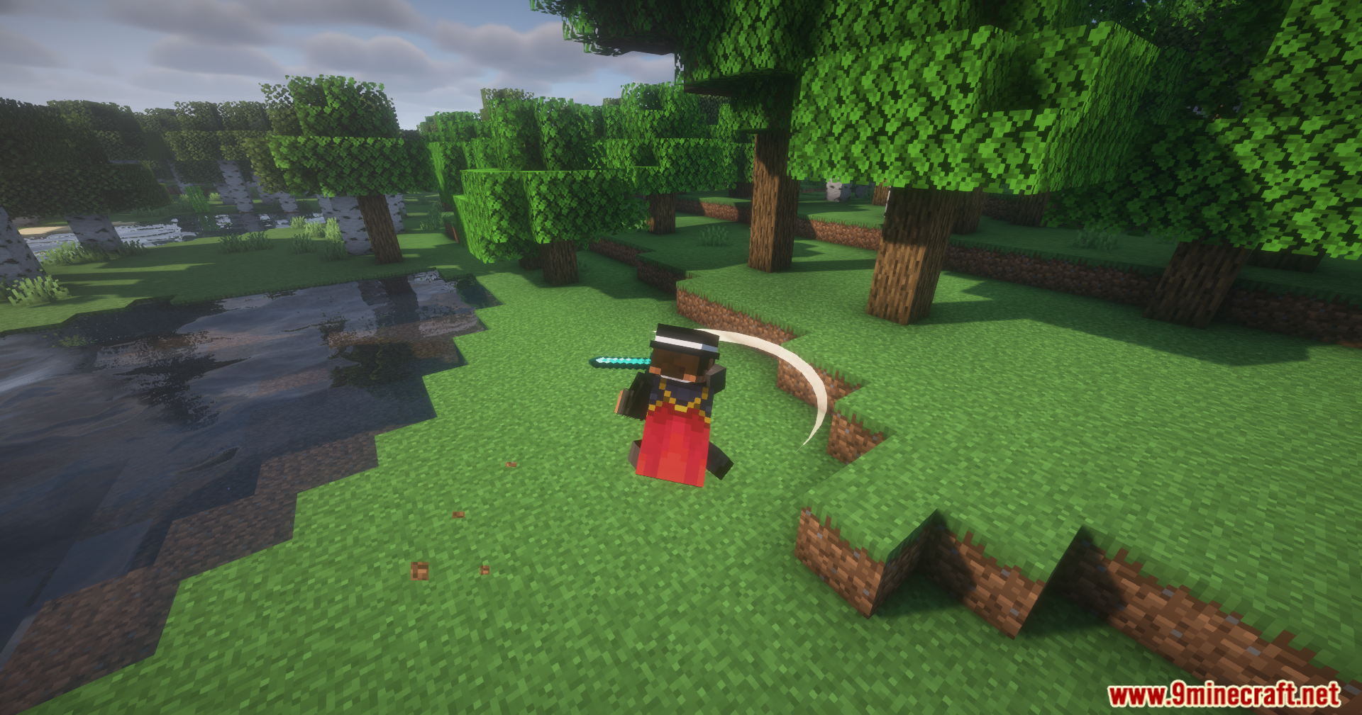 Mo' Bends Modern Port Mod Screenshot 8 Player swinging a diamond sword creating a curved white trail in grass