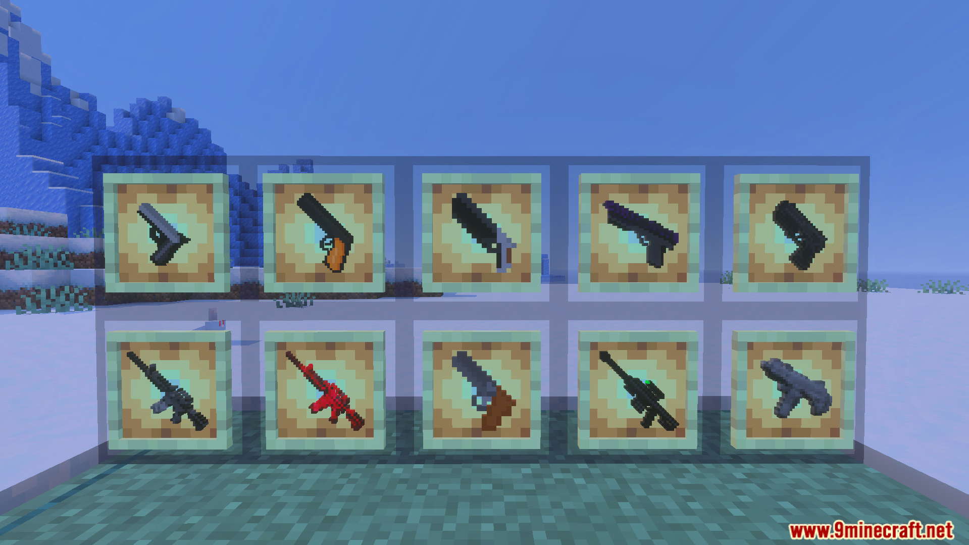 More Gun Classic Addon Screenshot 2 Item frames showing different firearms like snipers machine guns and blocky handguns